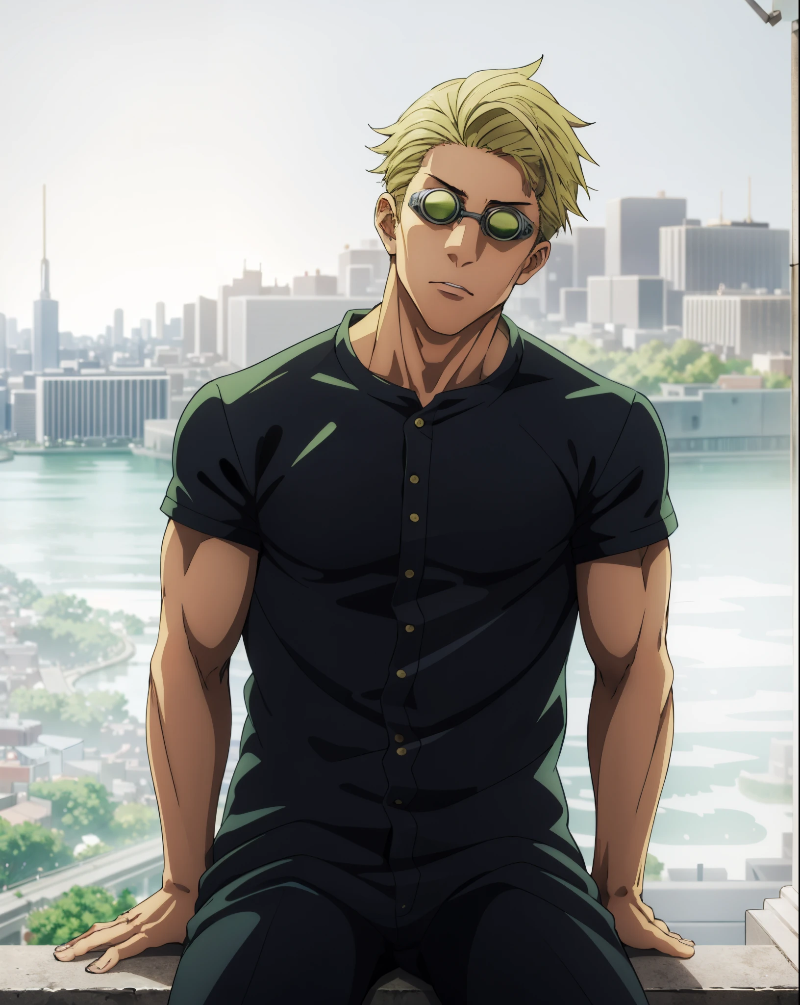 arafed man sitting on a ledge with a city in the background, ((KentoNanami)),masterpiece,highres,high quality,extremely detailed,goggles,tinted eyewear,serious,formal,fighting_stance,
