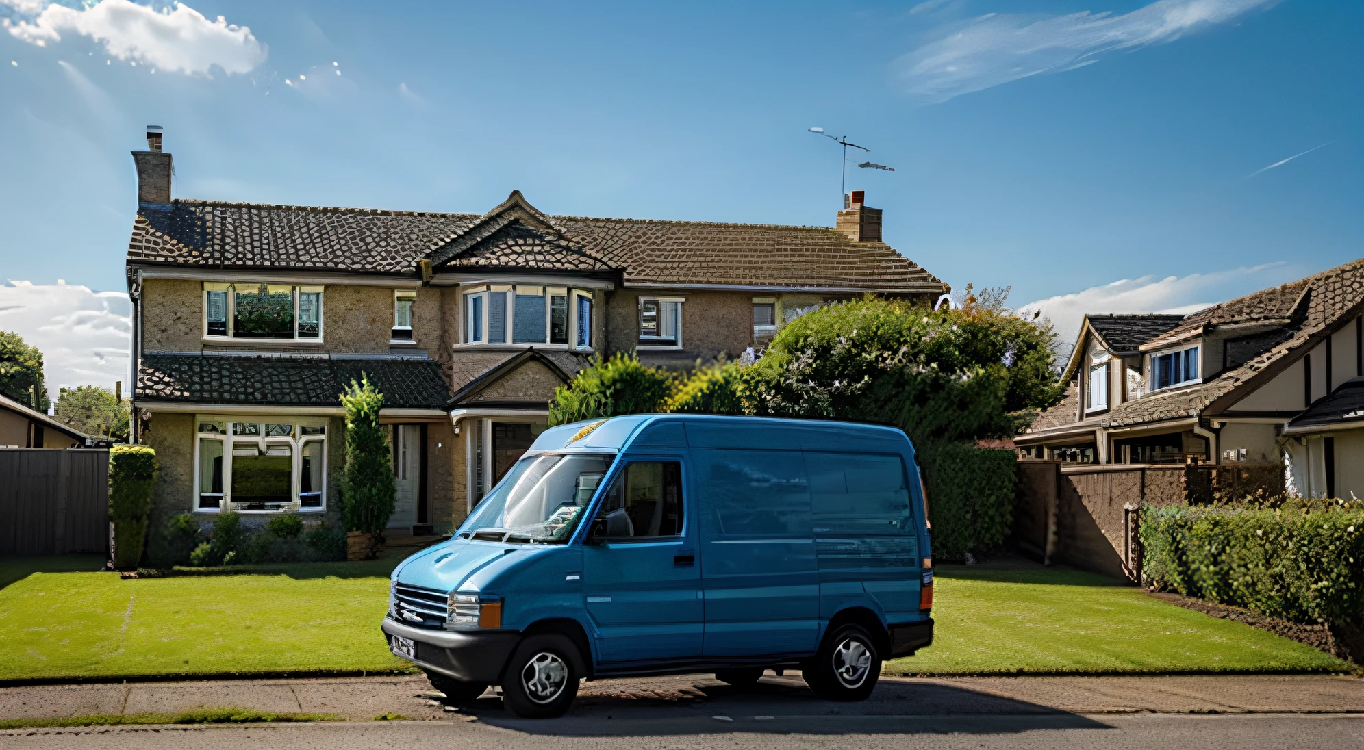 Delivery blue van Parked in front of the modern house, there is a grass field and a realistic sky.