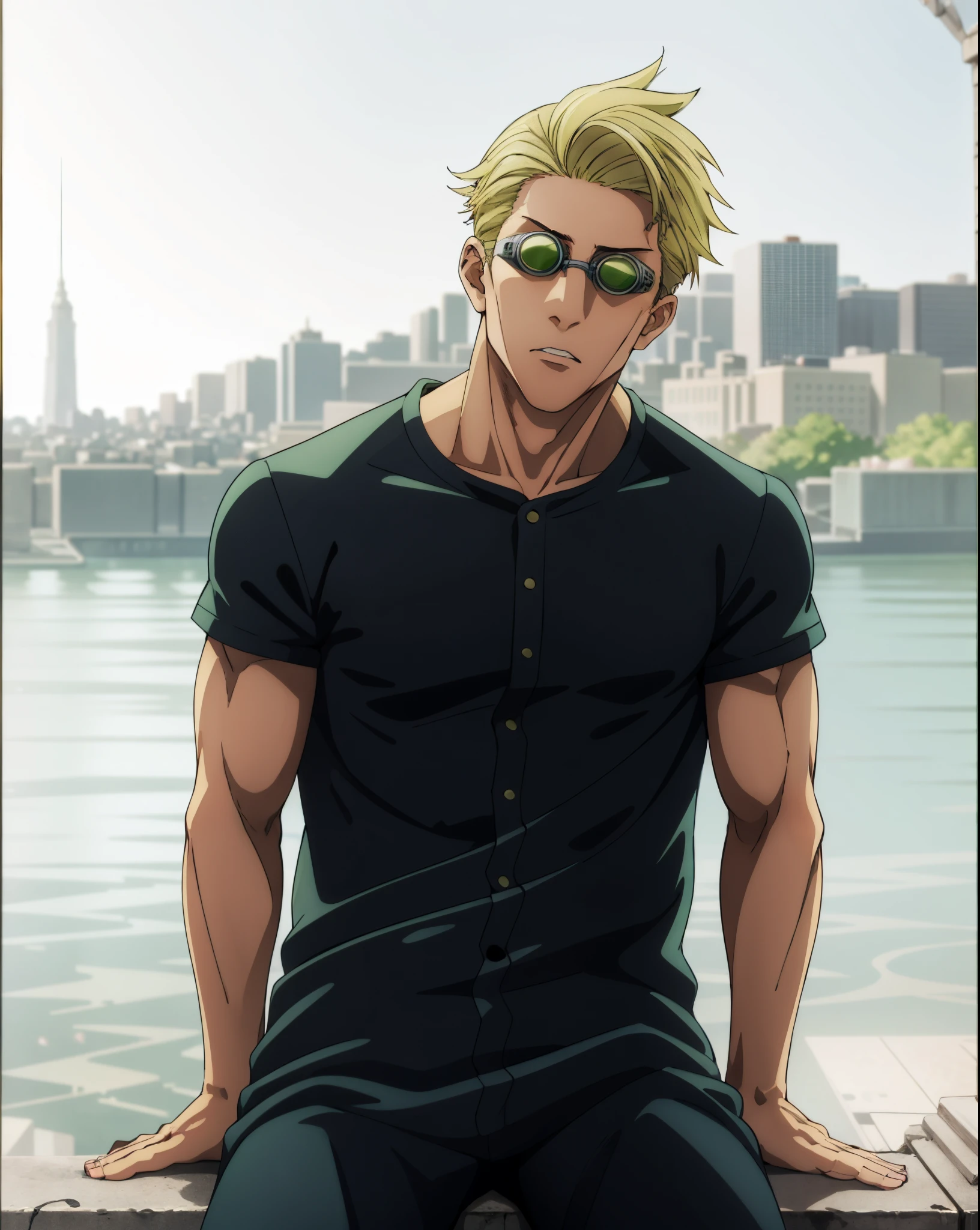 arafed man sitting on a ledge with a city in the background, ((KentoNanami)),masterpiece,highres,high quality,extremely detailed,goggles,tinted eyewear,serious,formal,fighting_stance,