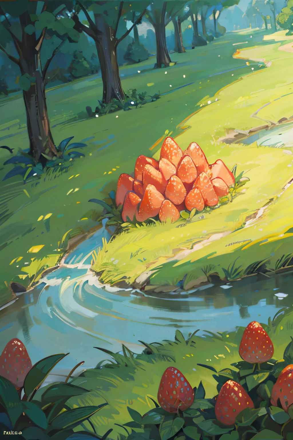 Strawberry farm,There is a caricature,The drawing is of a road with huge fruits and trees,a small stream,huge strawberry,A beautiful artistic illustration, detailed scenic view, Landscape view, detailed digital illustration, An idyllic and fertile land, full page illustration, 2d matte illustration, detailed 2d illustration, Colorful illustration, fairy-tale illustration style, Game illustration, landscape artwork, Made of trees and fantasy valley