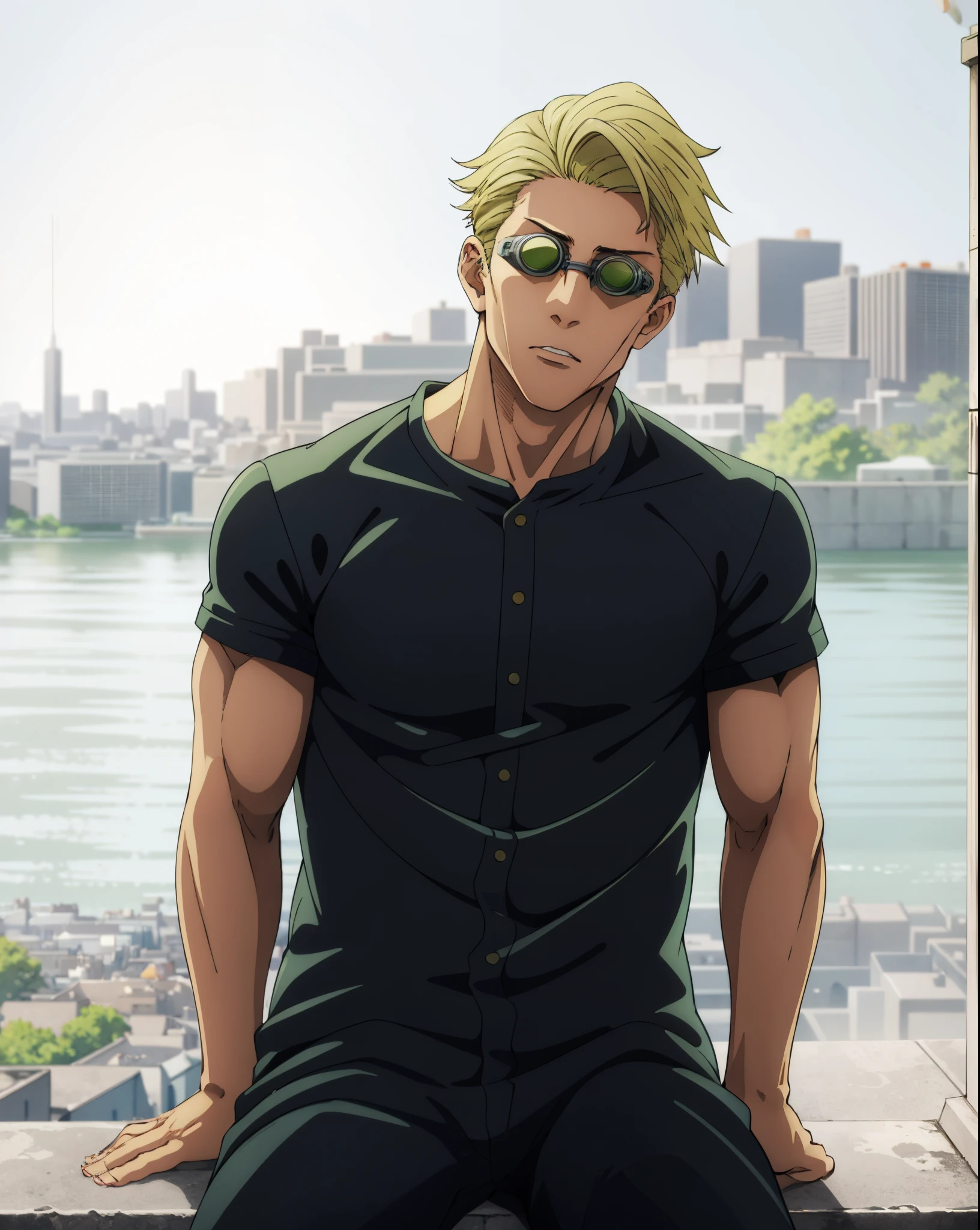 arafed man sitting on a ledge with a city in the background, ((KentoNanami)),masterpiece,highres,high quality,extremely detailed,goggles,tinted eyewear,serious,formal,fighting_stance,