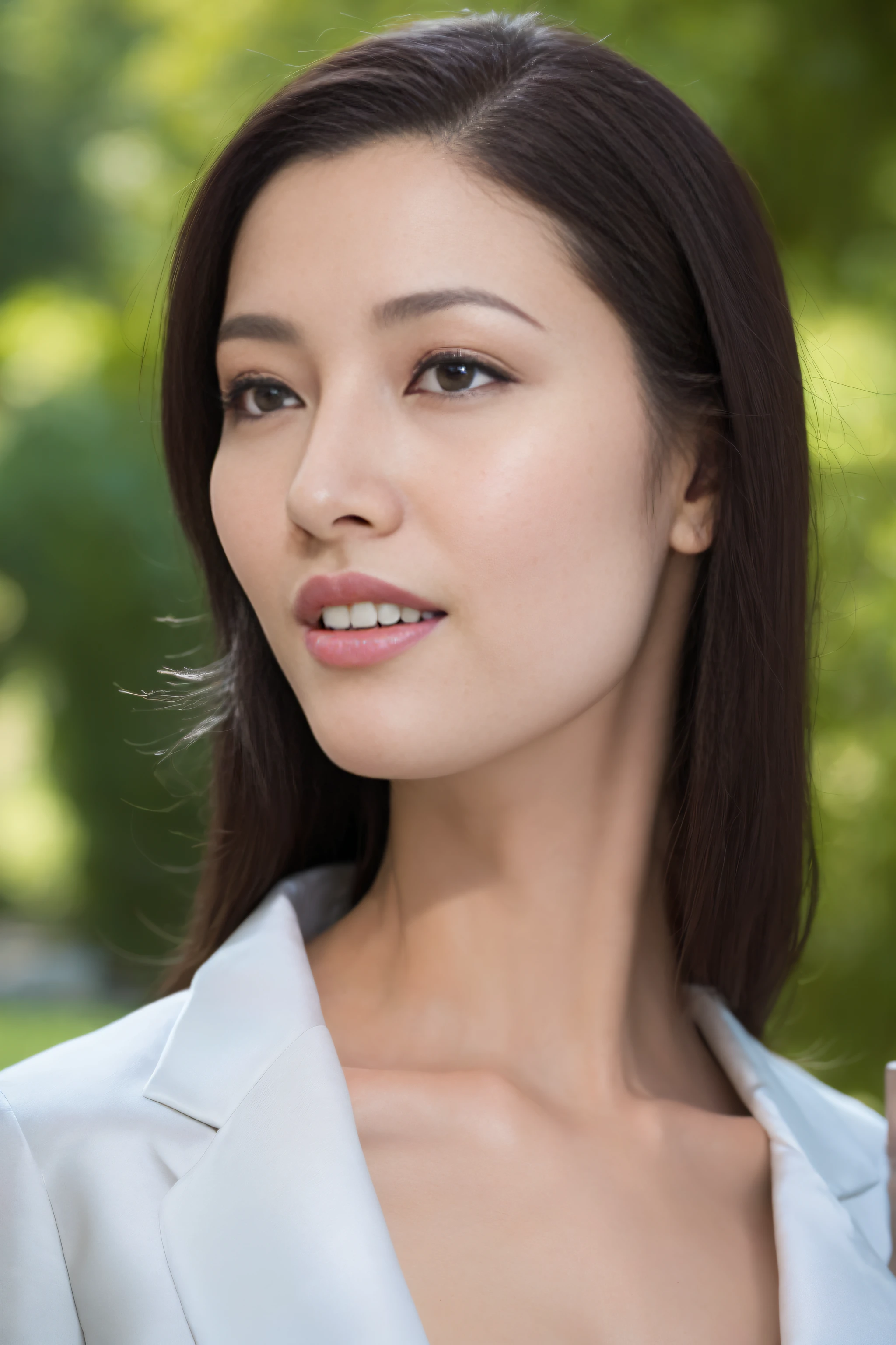 a fashion model，25 age old，[[[[Close-up cleavage]]]], [[[[climaxing]]]], [[[[Cole]]]], [[[[bshoulder]]]],perfect  eyes, Perfect iris，perfect lips，perfect teeth，Perfect Skin，with fair skin，HighDynamicRange，Movie Girl，(delicated face)，(Highly defined faces)，((closeup of face))，White casual wear，The background is green trees，fresh flowers，4K Ultra HD, 超高分辨率, (realistically: 1.4), Best quality，tmasterpiece，（pastel colour：1.2）