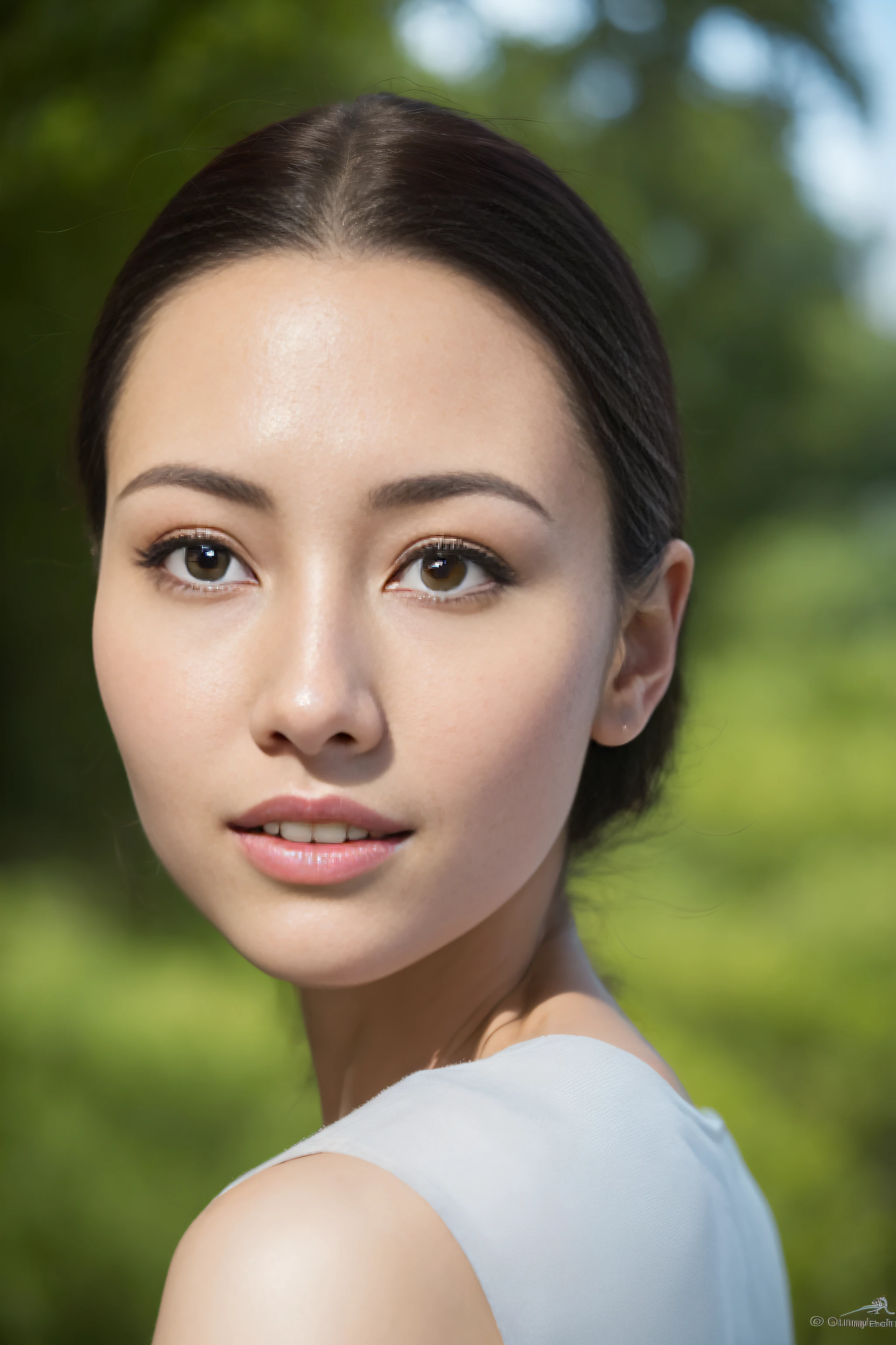 a fashion model，25 age old，[[[[Close-up cleavage]]]], [[[[climaxing]]]], [[[[Cole]]]], [[[[bshoulder]]]],perfect  eyes, Perfect iris，perfect lips，perfect teeth，Perfect Skin，with fair skin，HighDynamicRange，Movie Girl，(delicated face)，(Highly defined faces)，((closeup of face))，White casual wear，The background is green trees，fresh flowers，4K Ultra HD, 超高分辨率, (realistically: 1.4), Best quality，tmasterpiece，（pastel colour：1.2）