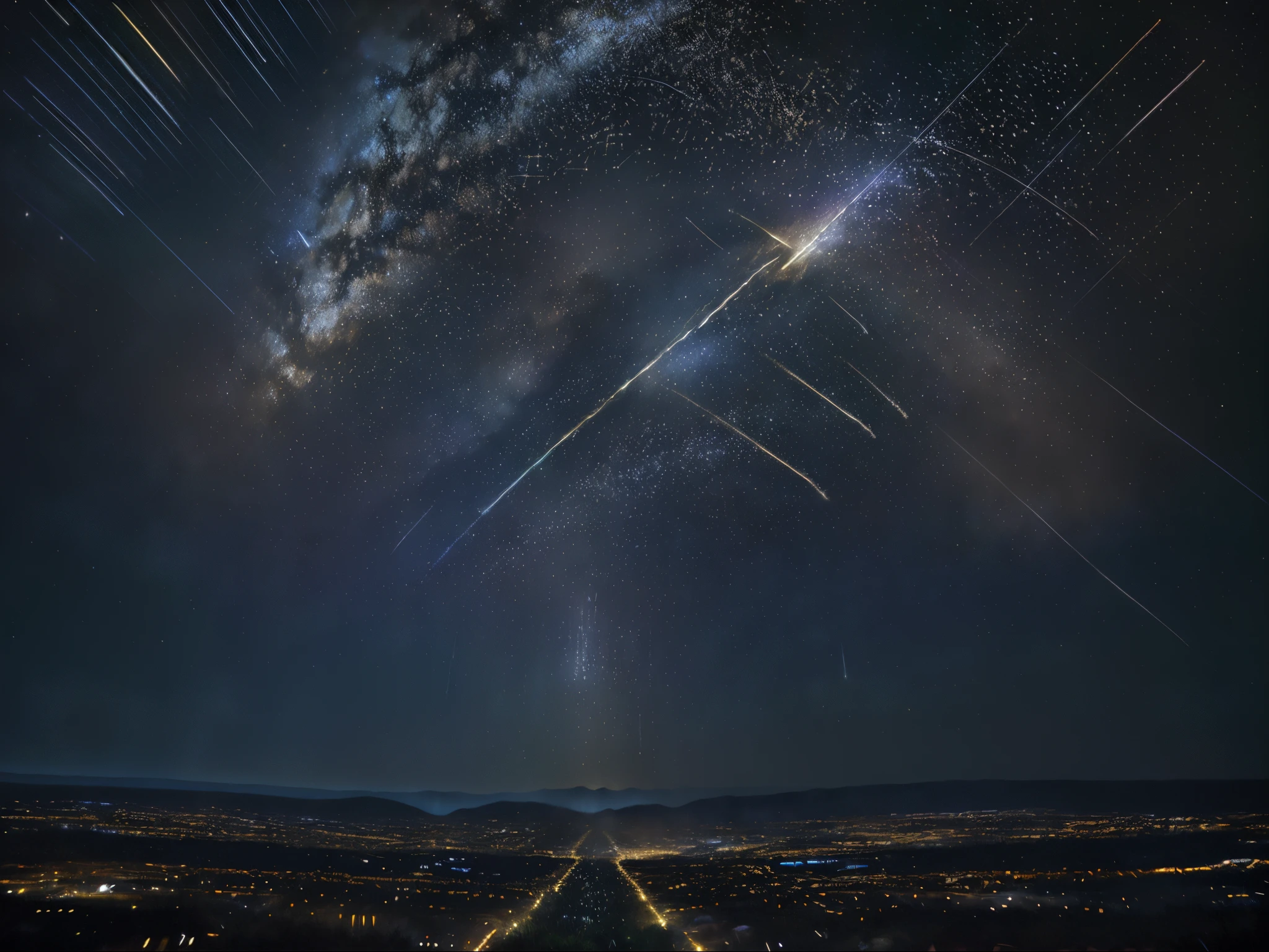 Meteor Showers: Occurrences when Earth passes through debris fields, causing numerous shooting stars. This exquisite image captures the celestial spectacle in a painting, meticulously depicting the breathtaking phenomenon. Vivid brushstrokes showcase the stunning sight of shooting stars streaking across the night sky: golden sparks dancing amidst a backdrop of deep indigo, like nature's own fireworks display. The artist's attention to detail captures the ethereal beauty of falling stars, the trails of light painted with delicate precision. This captivating artwork immerses viewers in the enchanting dance of meteors, evoking a sense of wonder and awe at the wonders of the universe.