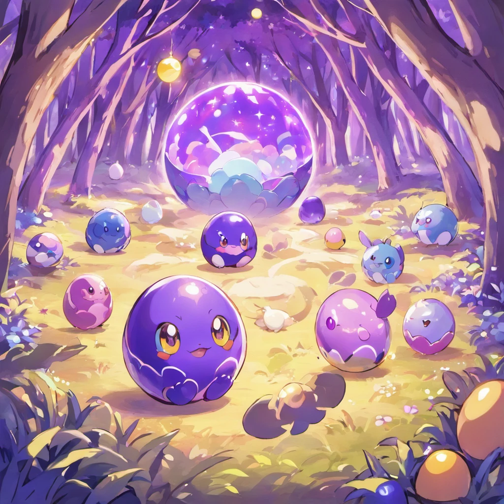 Many purple Tamagotchis，There are colorful lights all around，In the background is an egg nest built in a forest meadow.