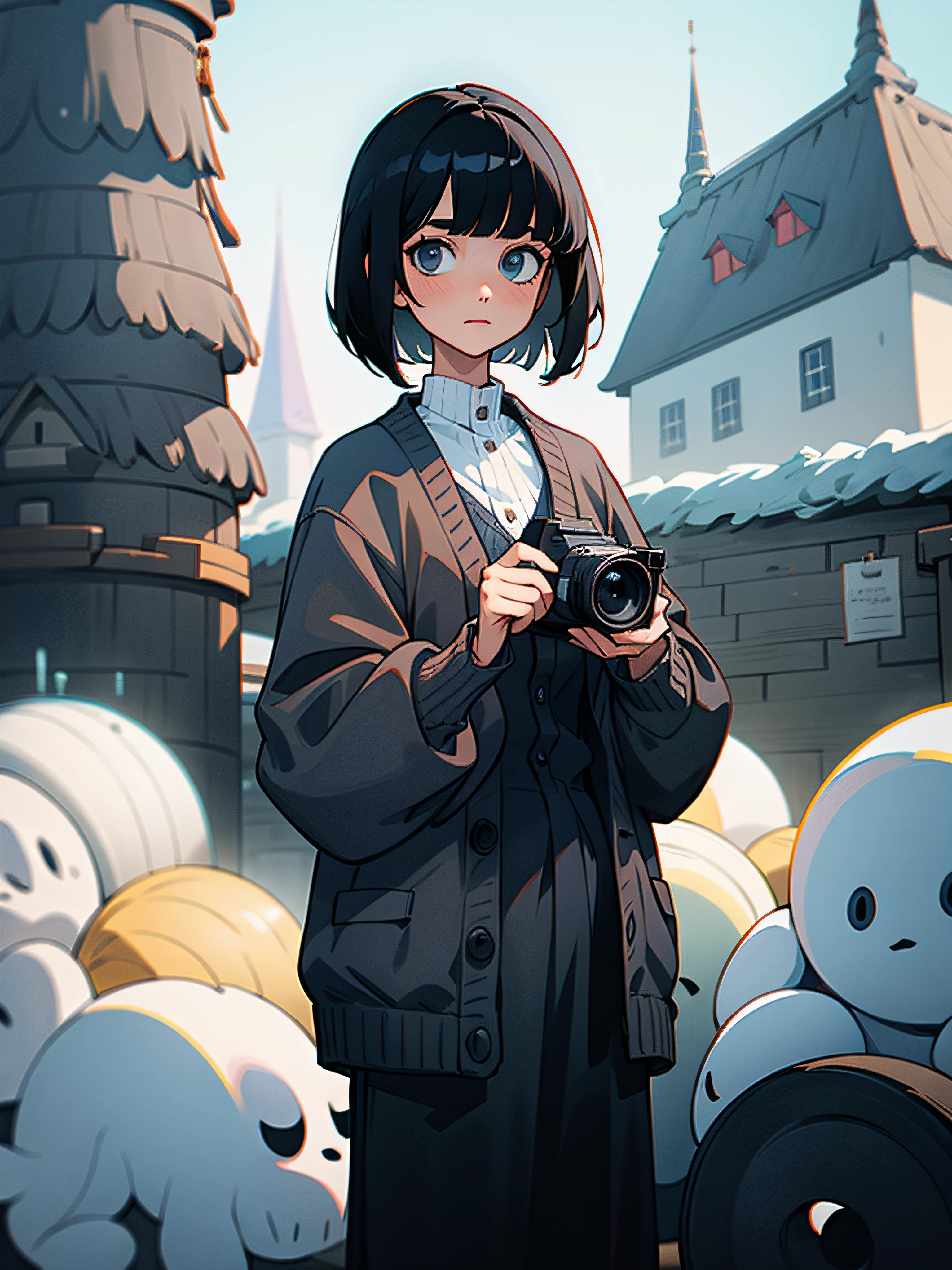 A woman with short black bob hair wearing a cardigan is holding a camera.、nordic architecture