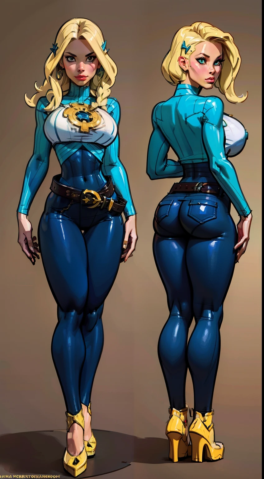 woman in a gun costume, ((character concept art)), tall figure, ((character design sheet, same character, front, side, back)), maple story character art, puffy lips, perfect eyes, defined cheekbones, video game character design, video game character design, gigantic breasts, (large ass), slim waist, slendered abs, maple story gun girl, girl wearing cute hairpin on her head, yellow glowing decoration on girl's clothes, expert high detail concept art, metal bullet concept art, funny character design, belts, housewife, warrior housewife, determined, multiple face angles, gravity rush inspiration, Viscous tar. Concept art, belt buckle at waist, steampunk weapon,