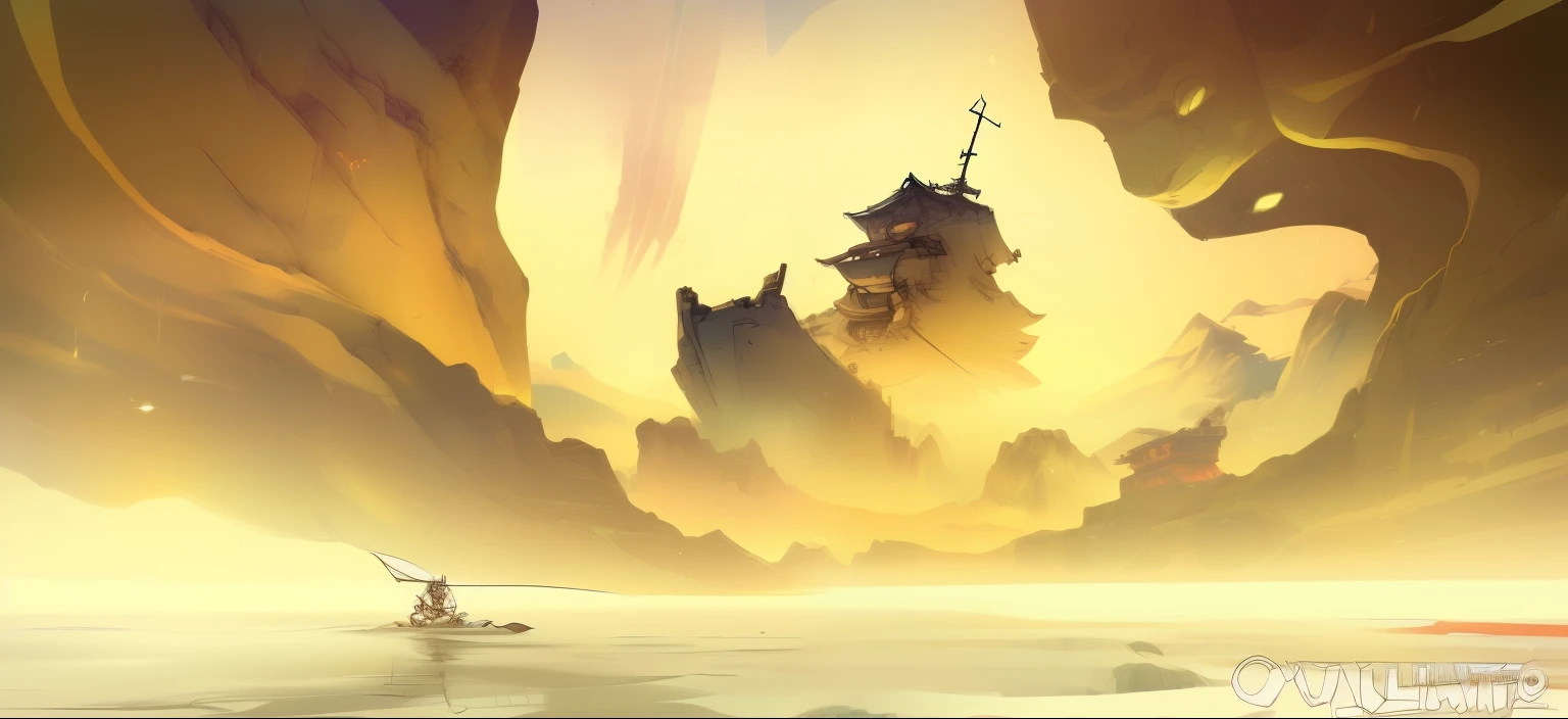 Cartoon illustration of a boat in a large body of water, brittney lee, very coherent stylized artwork, onmyoji detailed art, 《Kola Legend》Set, samurai jack, onmyoji, cyril rolando and goro fujita, author：Hero, Defeat Ngai. unreal-engine, 《Kola Legend》Moogle in