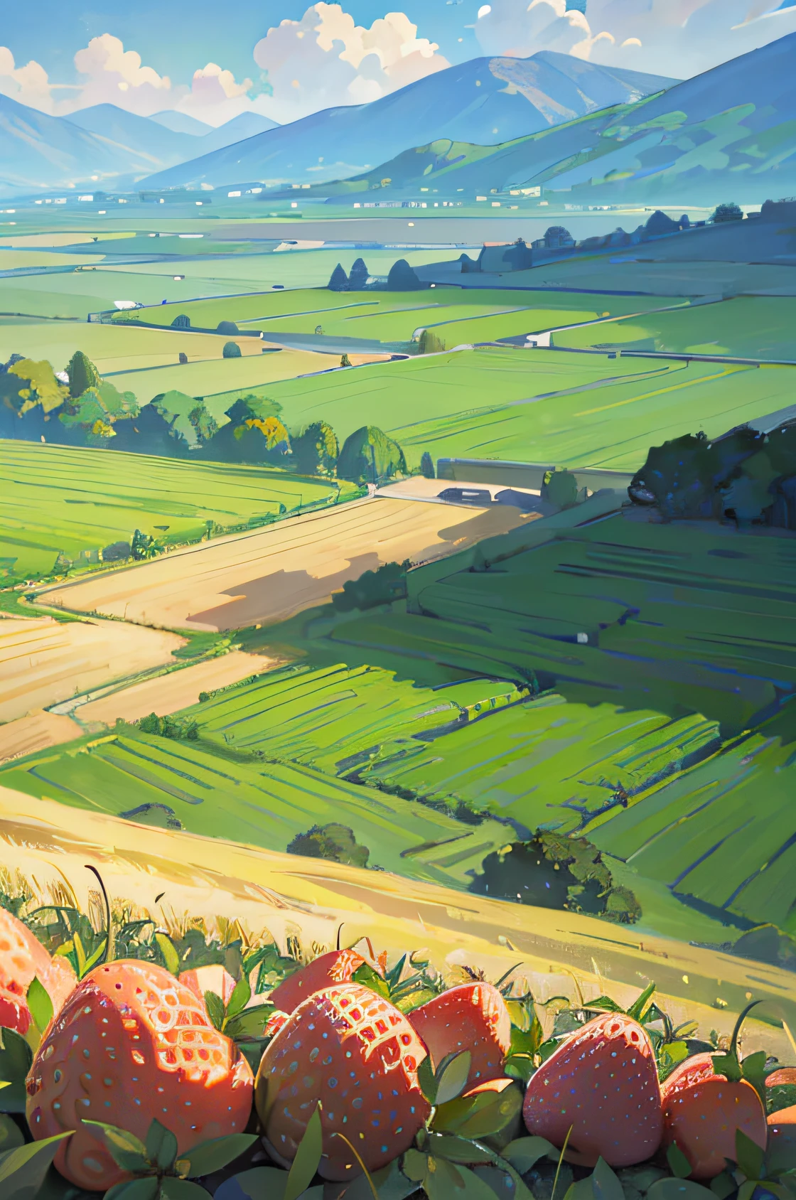 Huge strawberry as foreground,a rich and beautiful farm,bumper harvest,Beautiful wheat fields,Farmers who farm,good tree,Lots of super big strawberries,idyllic fertile soil, Beautiful mountains in the distance,full page illustration, 2d matte illustration, detailed 2d illustration, Colorful illustration, fairy-tale illustration style, Game illustration, landscape artwork