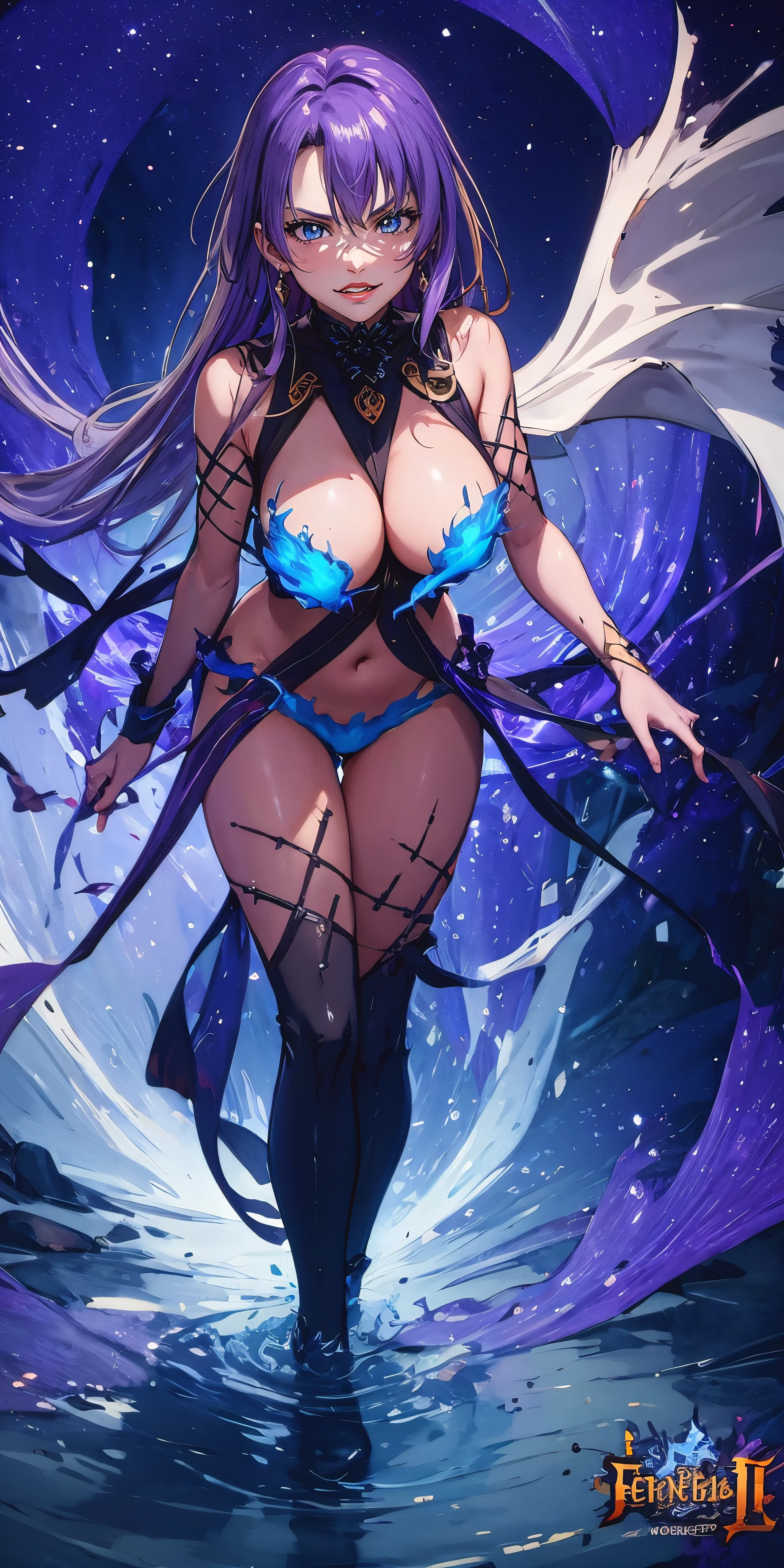 anatomically correct, best quality, masterpiece, high quality, high details, highres, HD, (shaded face:1.2), hollow eyes, purple eyes, looking at viewer, heavy breathing, smirk, upper teeth, purple hair, long hair, huge breast, sagging breasts, outfit-km, blue fire, a woman that is standing in the water, concept art by Krenz Cushart, pixiv, fantasy art, cushart krenz key art feminine, best anime 4k konachan wallpaper,