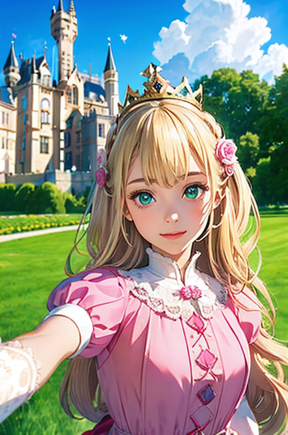 girl princess, Blonde curly hair, In front of a castle in Europe, Shallow depth of field, small crown, medieval pink dress, Brown gloves, grassy fields, Merry laughter, Facing forward, There are large rose hair clips on the left and right sides of the head.。, Green eyes, The camera is shooting from below.

(Best Quality,4K,8K,hight resolution,masutepiece:1.2),Ultra-detailed,(Realistic,Photorealistic,Photorealsitic:1.37),nffsw,nffsw,Studio Lighting,Ultra-fine painting,Sharp Focus,Physically-based rendering,extreme detail description,Professional,Vivid colors,Bokeh

Portrait,landscape color palette: pastel colored lighting: Soft, Natural sunlight