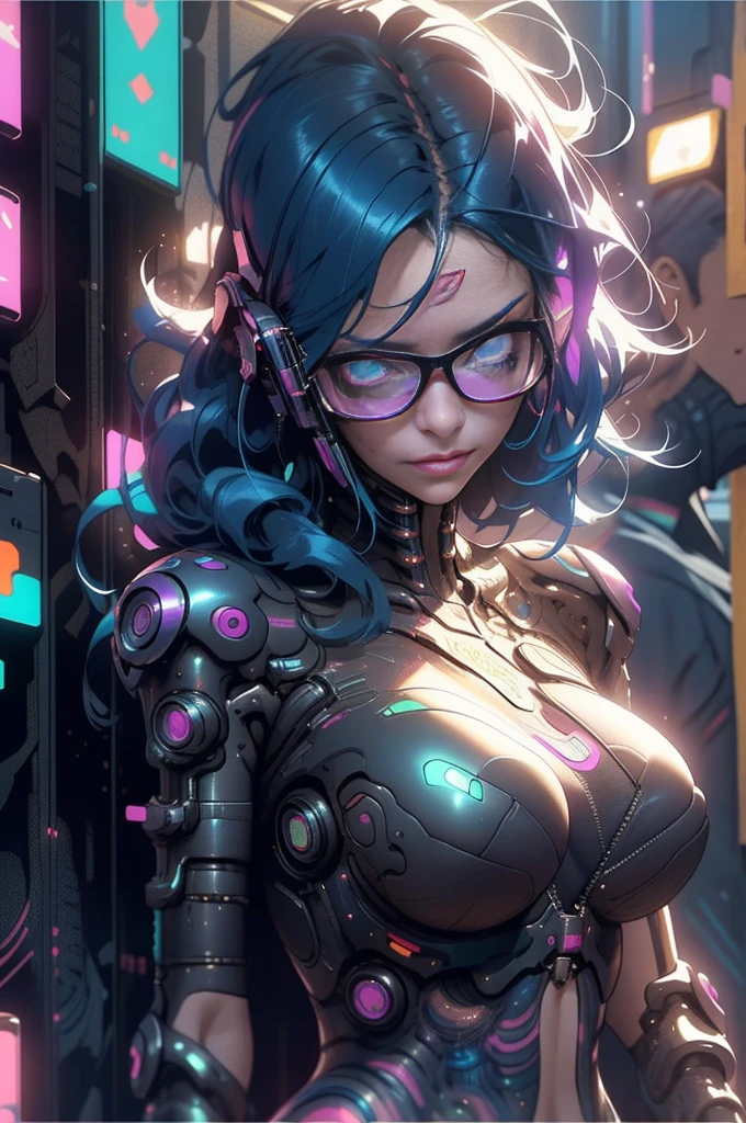 2girl, sexy, together almost kissing each other, close-up, intricate details, (cyberpunk:1.4), mechanical arms, glasses, messy hair, (shiny neon armor:1.2), machines, black background, big breasts, blue hair, curvy girl but fit, sexy moves, bots, drones, cars, neon, laser,