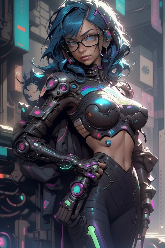 2girl, sexy, together almost kissing each other, close-up, intricate details, (cyberpunk:1.4), mechanical arms, glasses, messy hair, (shiny neon armor:1.2), machines, black background, big breasts, blue hair, curvy girl but fit, sexy moves, bots, drones, cars, neon, laser,
