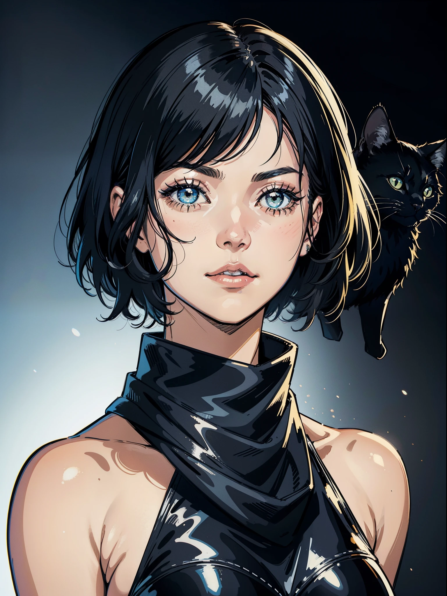 {8k image}, 1woman (solo), Black cat (Marvel), short hair, looking at the viewer, wearing a scarf, {face portrait}, close on face, comic art style (1980), no background