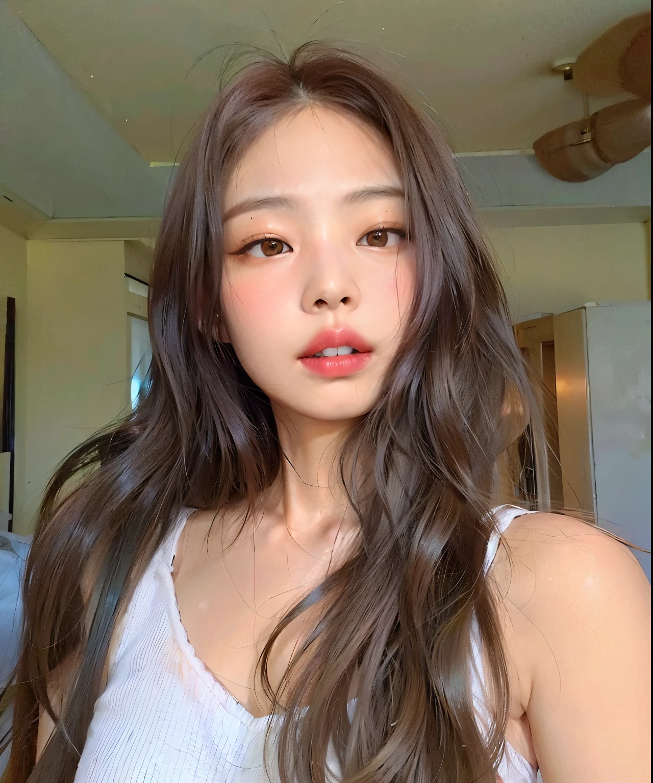 there is a woman with long hair and a white tank top, jennie blackpink, Heonhwa Choe, Mulher sul-coreana bonita, linda mulher coreana jovem, a young asian woman, mulher coreana jovem bonita, young adorable korean face, gemma chen, sem maquiagem cabelo ondulado, Gongbi, young cute wan asian face, Asian face, Asian girl with long hair