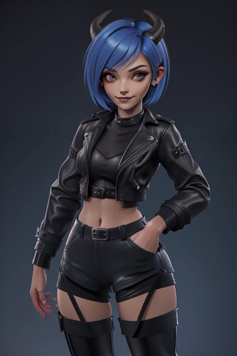 beautiful 1girl, close, short bright blue neon hair, super short hair, thin body, narrow hips, narrow waste, medium breasts, detailed eyes, touching herself, (dancers pose: 1.25), shy smile, black eyeshadow, dark makeup, revealing clothes, ((fitted cropped leather jacket, tight fitted short shorts, thigh high leather boots:1.3), short goat horns, (dark city background:1.22), city skyline, streets, highly detailed, fine detail, intricate, beautiful detailed glow, detailed, Cinematic light, high-res, sharp focus, smooth, aesthetic,