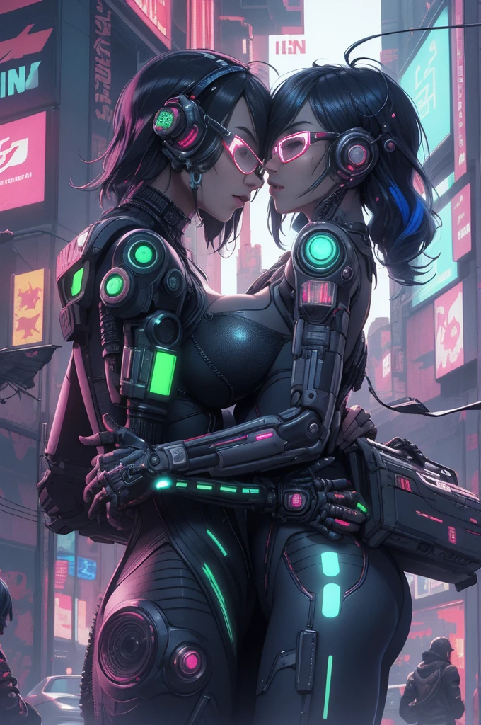 two sexy girls kissing each other, close-up, intricate details, (cyberpunk:1.4), mechanical arms, glasses, messy hair, (shiny neon armor:1.2), machines, black background, big breasts, blue hair, curvy girl but fit, sexy moves, bots, drones, cars, neon, laser,