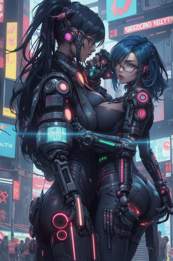 two sexy girls kissing each other, close-up, intricate details, (cyberpunk:1.4), mechanical arms, glasses, messy hair, (shiny neon armor:1.2), machines, black background, big breasts, blue hair, curvy girl but fit, sexy moves, bots, drones, cars, neon, laser,