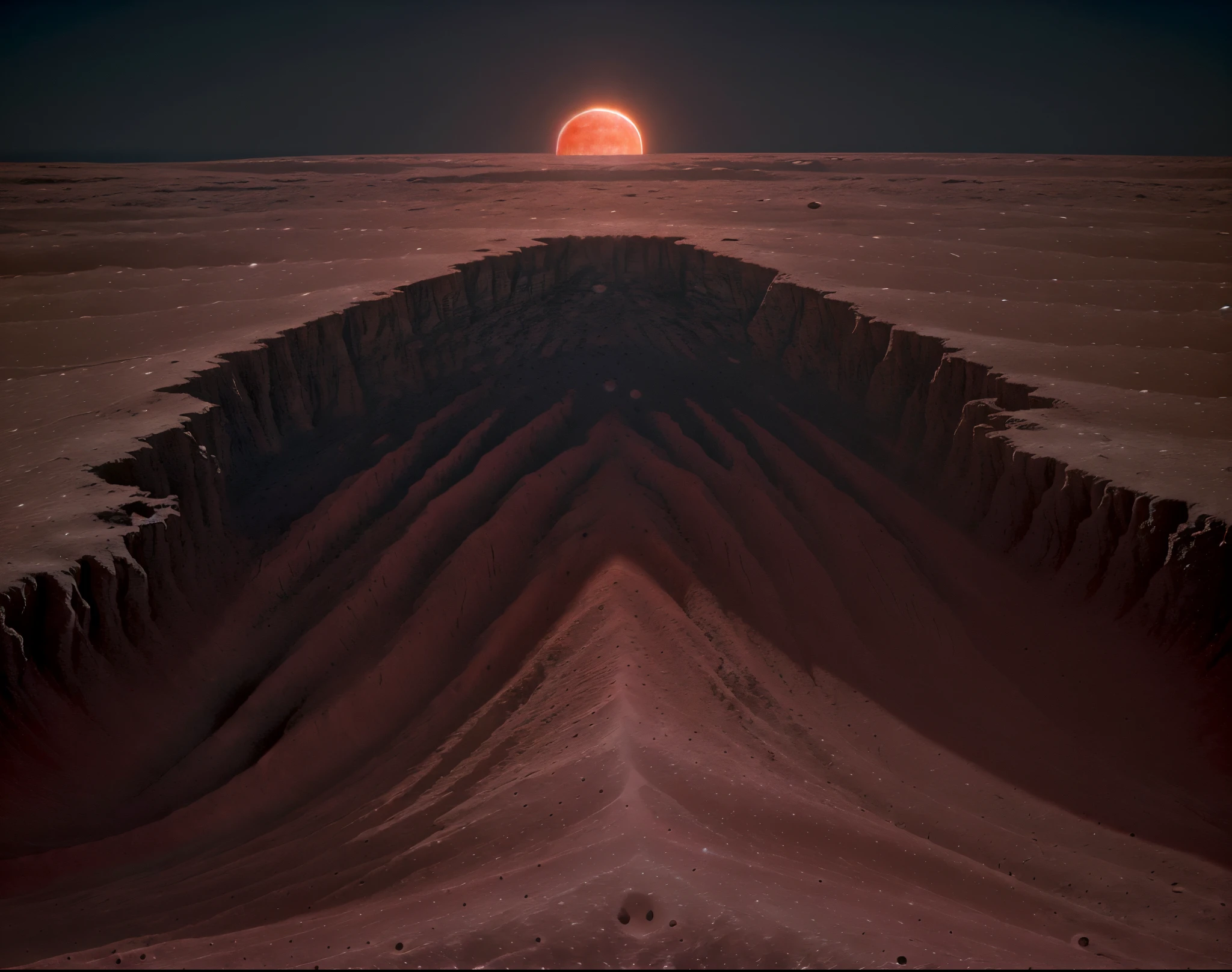 During a total lunar eclipse, the Earth's shadow casts itself over the Moon, creating a breathtaking spectacle where the Moon takes on a reddish hue. In this mesmerizing image, the Moon appears like a vibrant celestial painting, with the shadow lending it a warm crimson glow. Every crater and ridge on the Moon's surface is accentuated, offering a captivating display of texture and contrast. The image is a high-resolution photograph that showcases the awe-inspiring beauty of this natural phenomenon with impeccable clarity and detail.