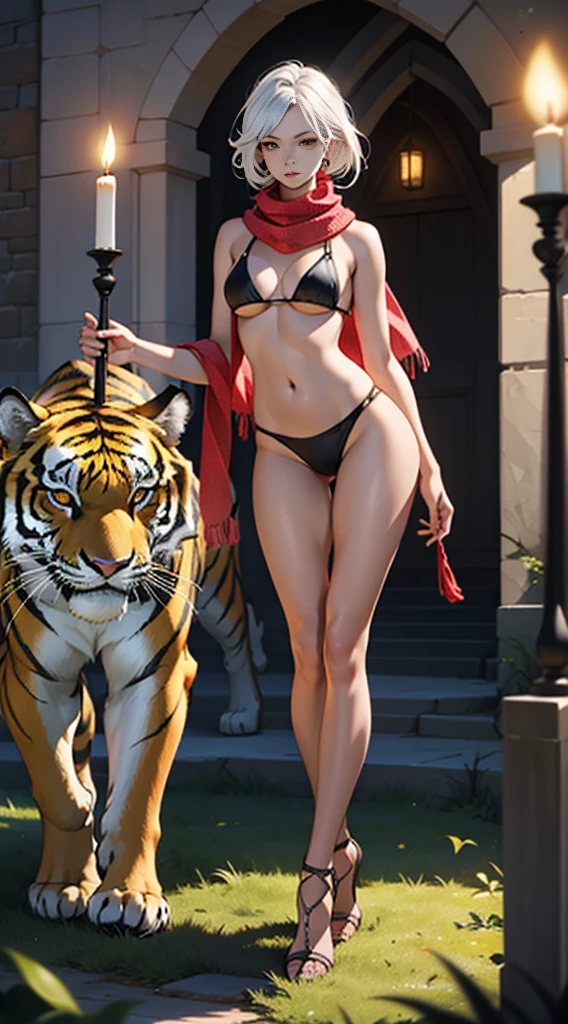 cyber punk, Frank Frazetta style, Perfect composition, One Woman, alone, Mature Woman,White Tiger Theme, Please raise your hand, Please raise your knees, stop temporarily, Low angle close up shot, Strong bloom in the background, Shine, Soft pink edge light, length, spiky white hair, White tiger ears, ((Big tits beauty))White tiger tail, White tiger fur stockings, small Shineing orange sunglasses, White tiger stripes, Perfect hands, High Contrast, Enhanced brightness, Strong top-down lighting,Thong,