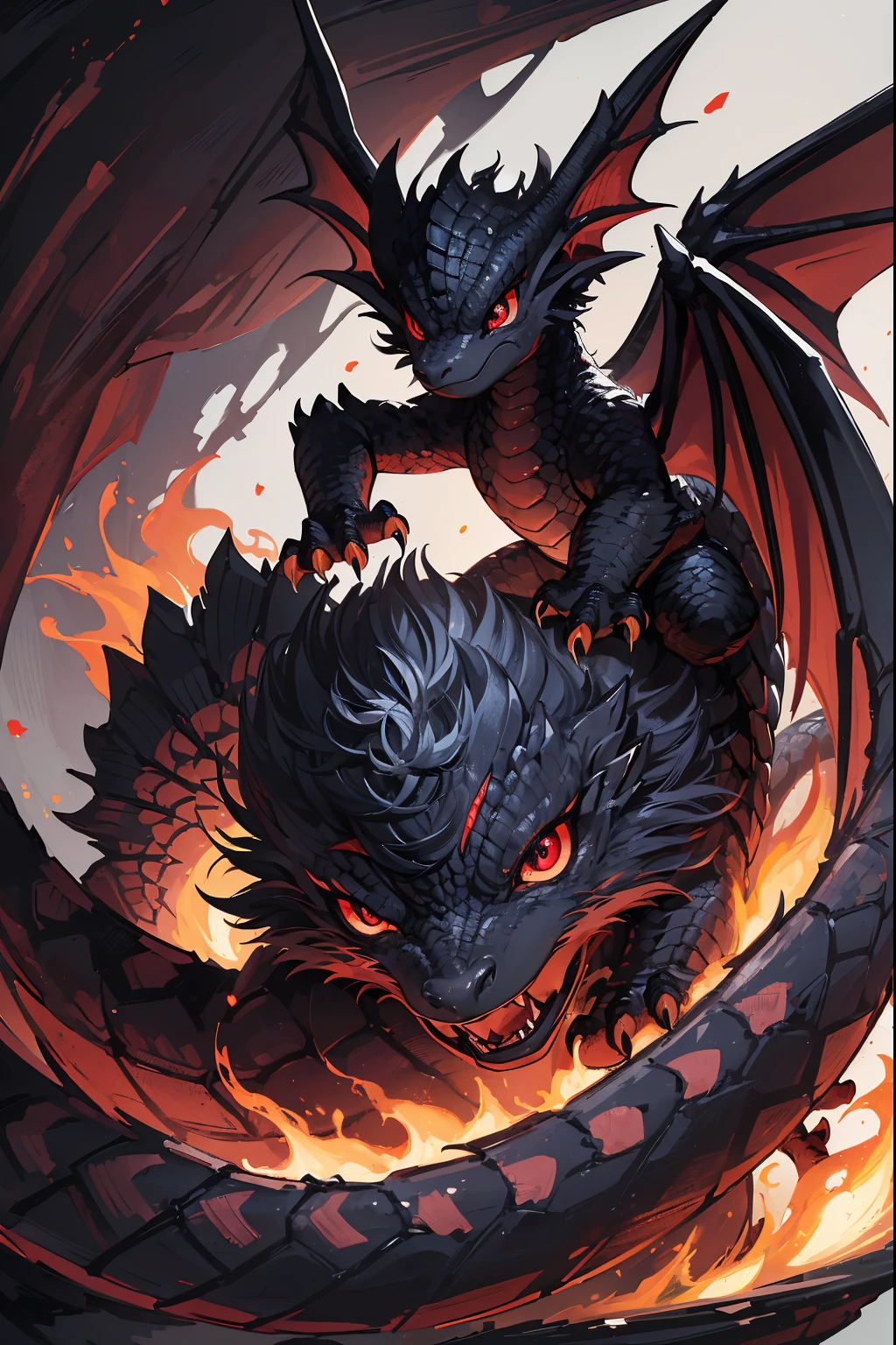 (a black  dragon with red eyes),pencil sketch,small wings,cute facial expression,curious,claws,scaly skin,shiny scales,shadow effects,highly detailed scales,feathery tail,playful,sitting on a tree branch,sparkling fire breath,vibrant colors,soft lighting