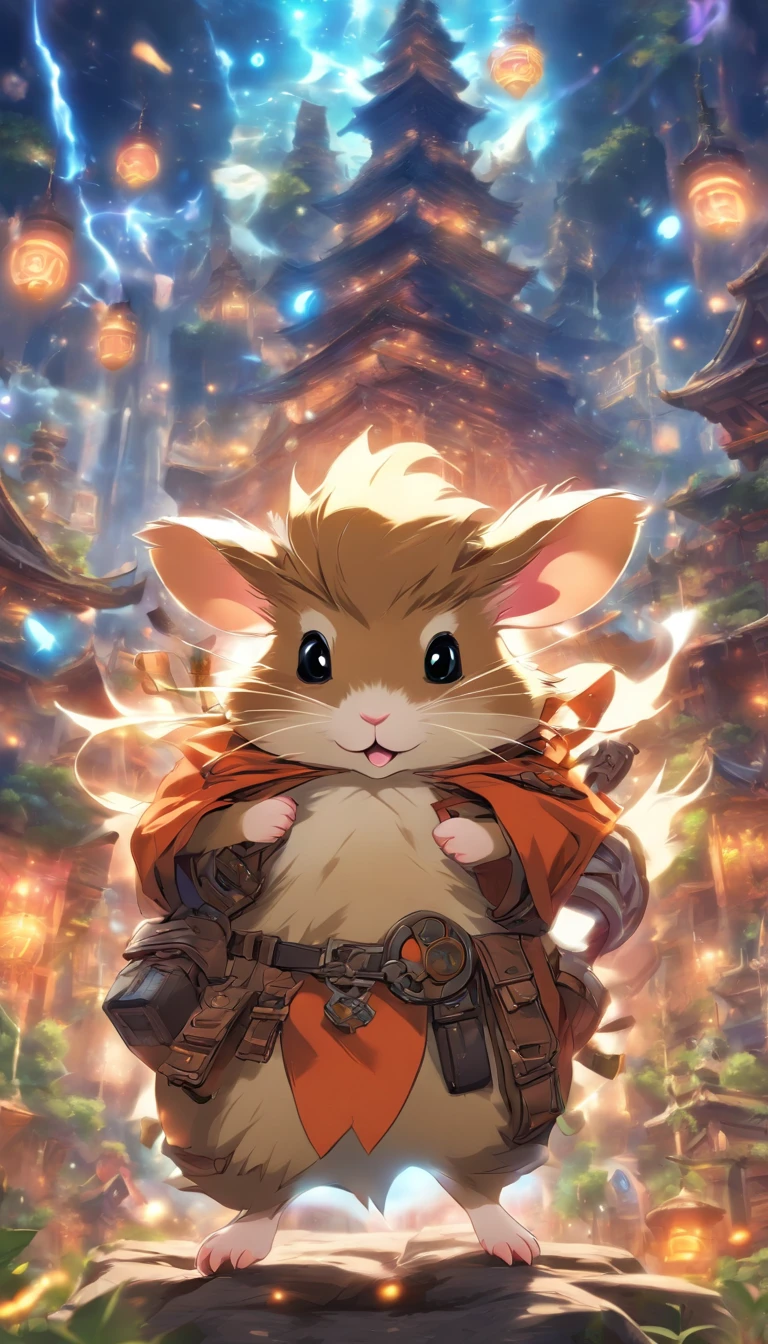 (masterpiece, best quality), anthropomorphic hamster, adventurer gear with elaborate details, rpg style, secret temple, glowing runes, mysterious, dynamic lighting