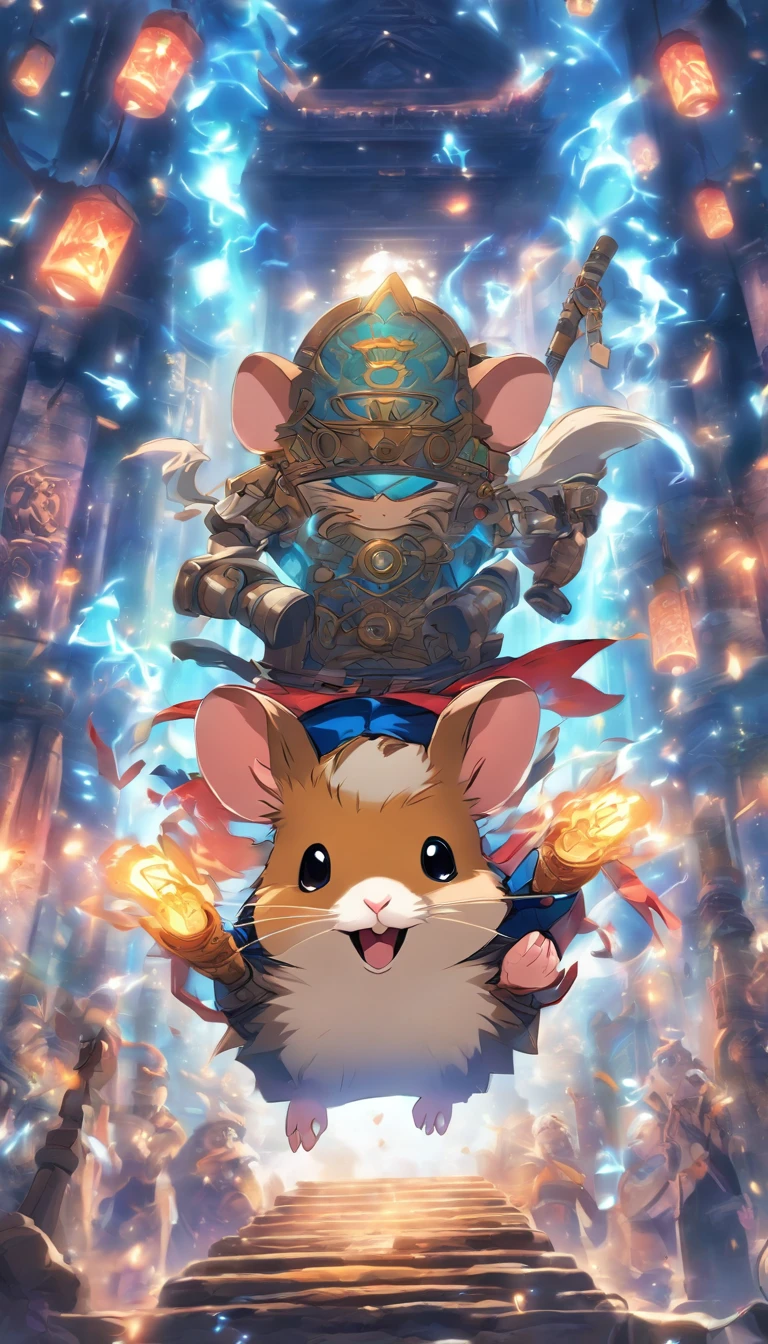 (masterpiece, best quality), anthropomorphic hamster, adventurer gear with elaborate details, rpg style, secret temple, glowing runes, mysterious, dynamic lighting