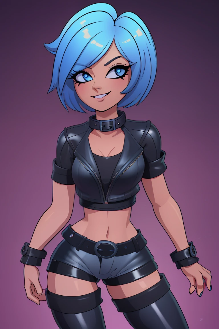 beautiful 1girl, close, short bright blue neon hair, super short hair, thin body, narrow hips, narrow waste, medium breasts, detailed eyes, touching herself, (dancers pose: 1.25), shy smile, black eyeshadow, dark makeup, revealing clothes, ((fitted cropped leather jacket, tight fitted short shorts, thigh high leather boots:1.3), short goat horns, (dark city background:1.22), city skyline, streets, highly detailed, fine detail, intricate, beautiful detailed glow, detailed, Cinematic light, high-res, sharp focus, smooth, aesthetic,