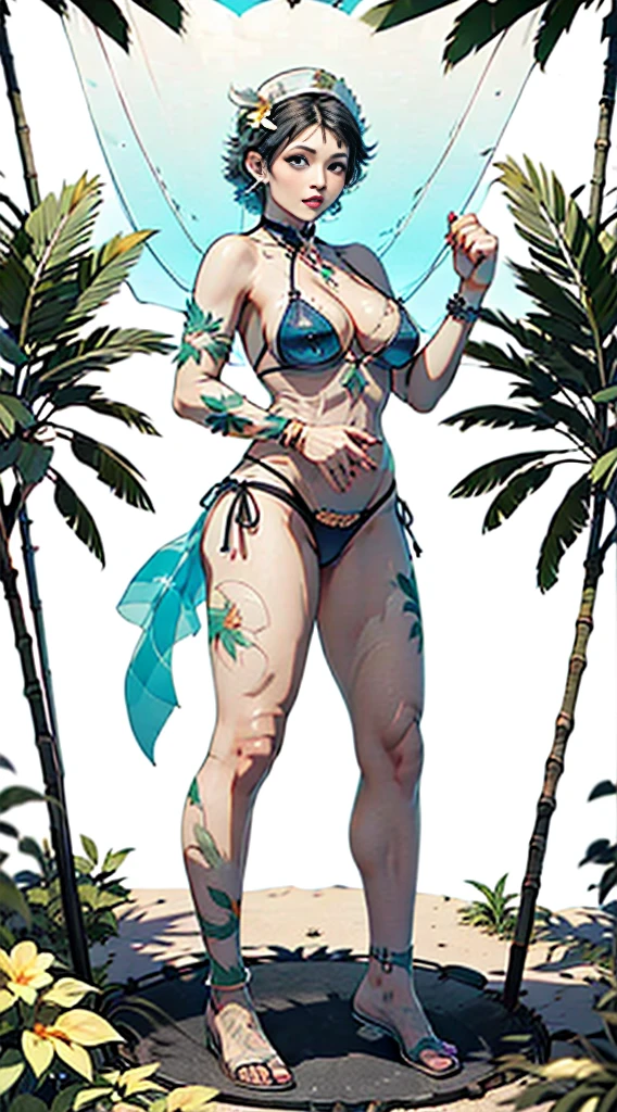 full body, barefoot, 1girl, ((milf)), ((dark skin)), white hair, slingshot bikini, unrealistically large extremely large breasts, (huge ), (large badonkers), ((sapphire blue eyes)), ((pussy cameltoe)). ((((neck decor)))), ((((translucent bikini)))), ((nsfw)), ((((translucent)))), ((((see-through)))), (((see-through clothing))), (((((tropical setting))))) masterpiece, 1girl, (solo:1.0), make her a sexy Alice in Wonderland with blonde hair, powder blue dress with white apron, white stockings, cleavage, dynamic, ultra high def, 32k, (perfect anatomy:1.5), perfect legs, in the style of Artgerm and Adam Hughes, perfect arms,