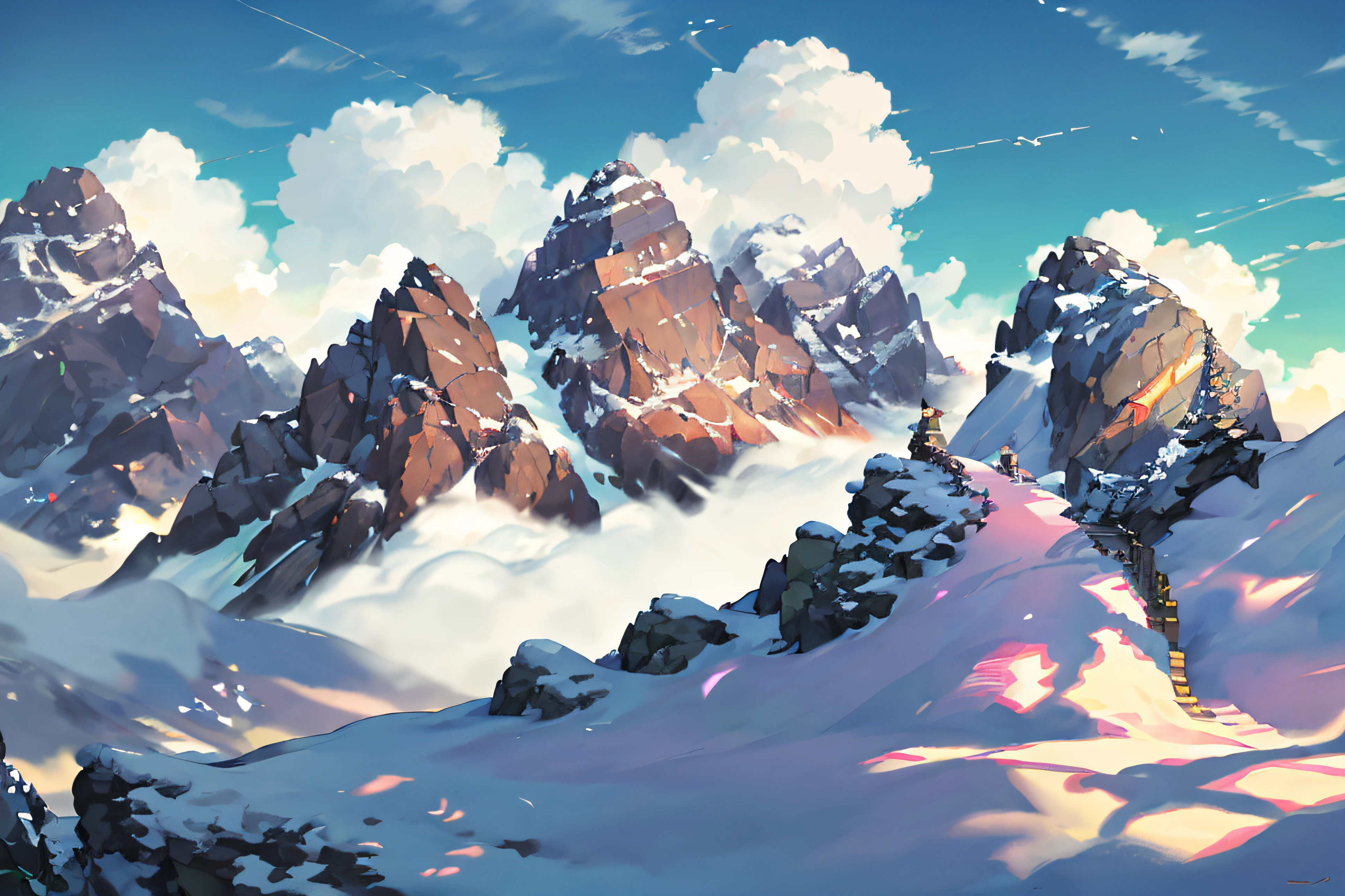 (illustrations : 1.0), photorealistic lighting, HD detail, 夏天, Green Mountains, mountain ranges, 안으로