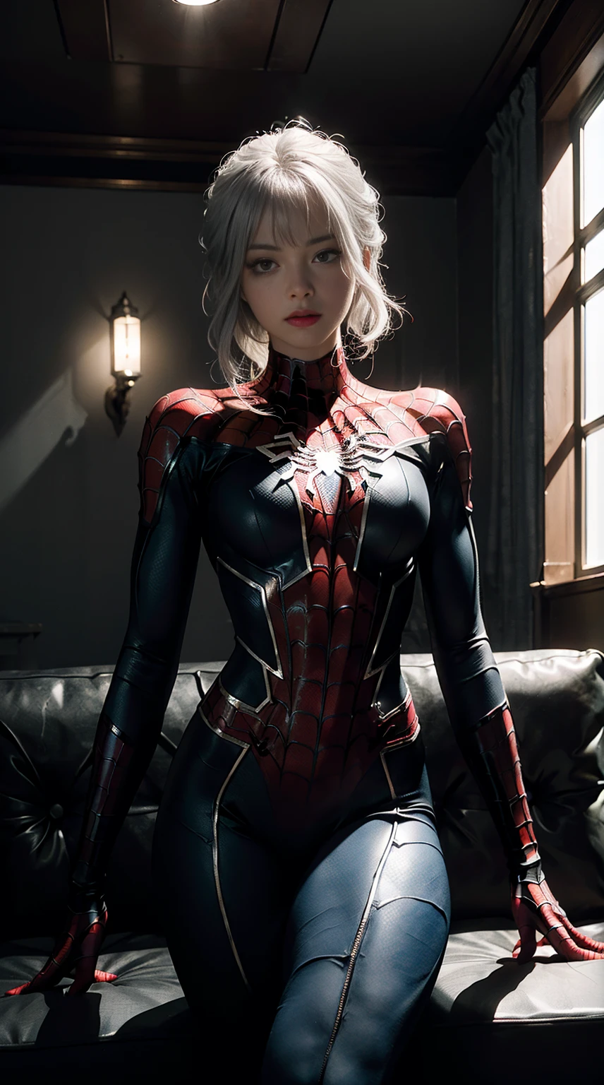 (Extreme Detail CG Unity 8K wallpaper, masterpiece, highest quality), (Exquisite lighting and shadow, highly dramatic picture, Cinematic lens effect), a girl in a white Spider-Man costume, silver gray hair color, from the Spider-Man parallel universe, Wenger, Marvel, Spider-Man, sitting on the couch, dynamic pose), (excellent detail, excellent lighting, wide angle), (excellent rendering, enough to stand out in its class), focus on white Spider-Man costumes, complex spider textures