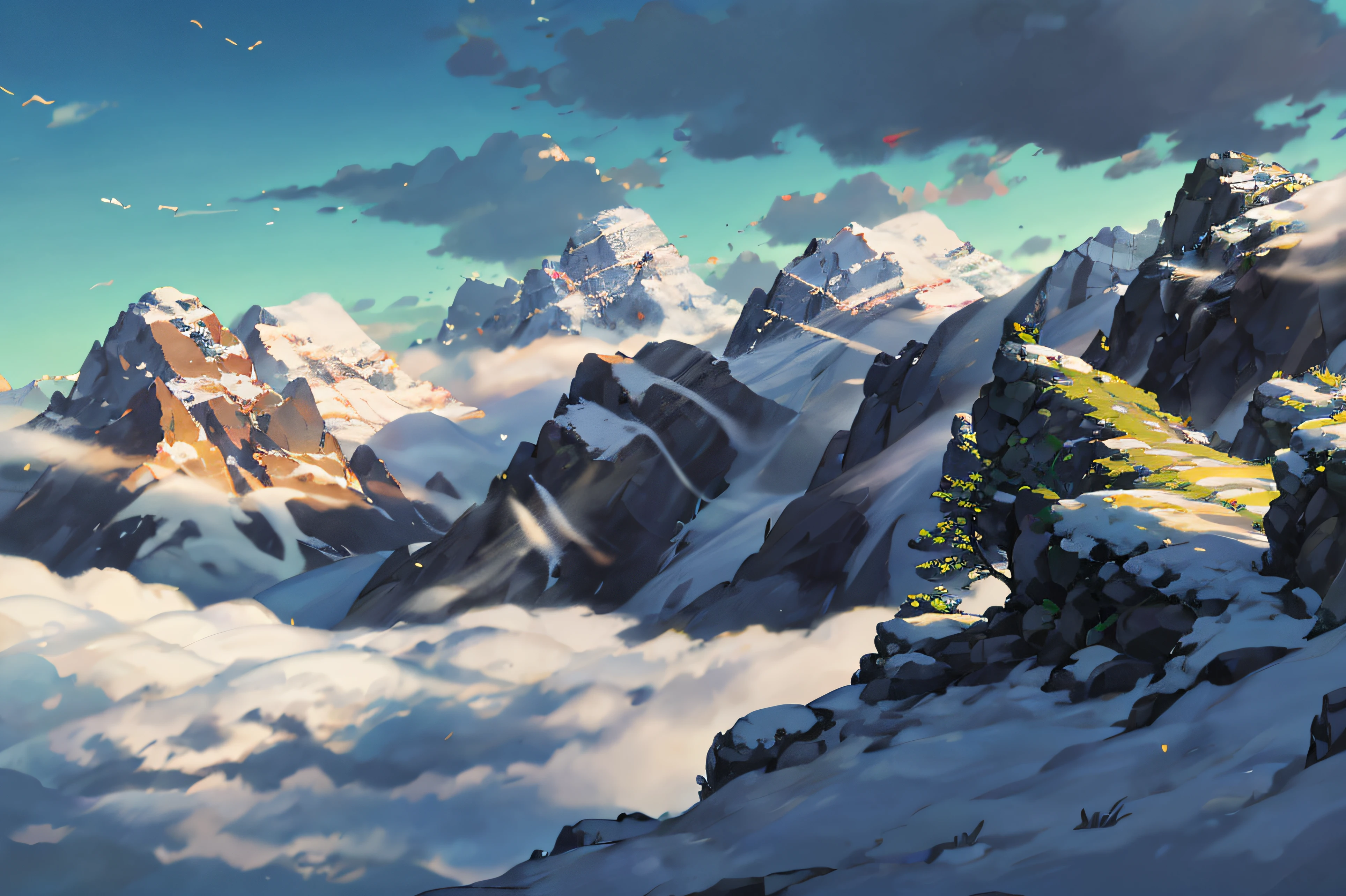 (illustrations : 1.0), photorealistic lighting, HD detail, 夏天, Green Mountains, mountain ranges, 안으로