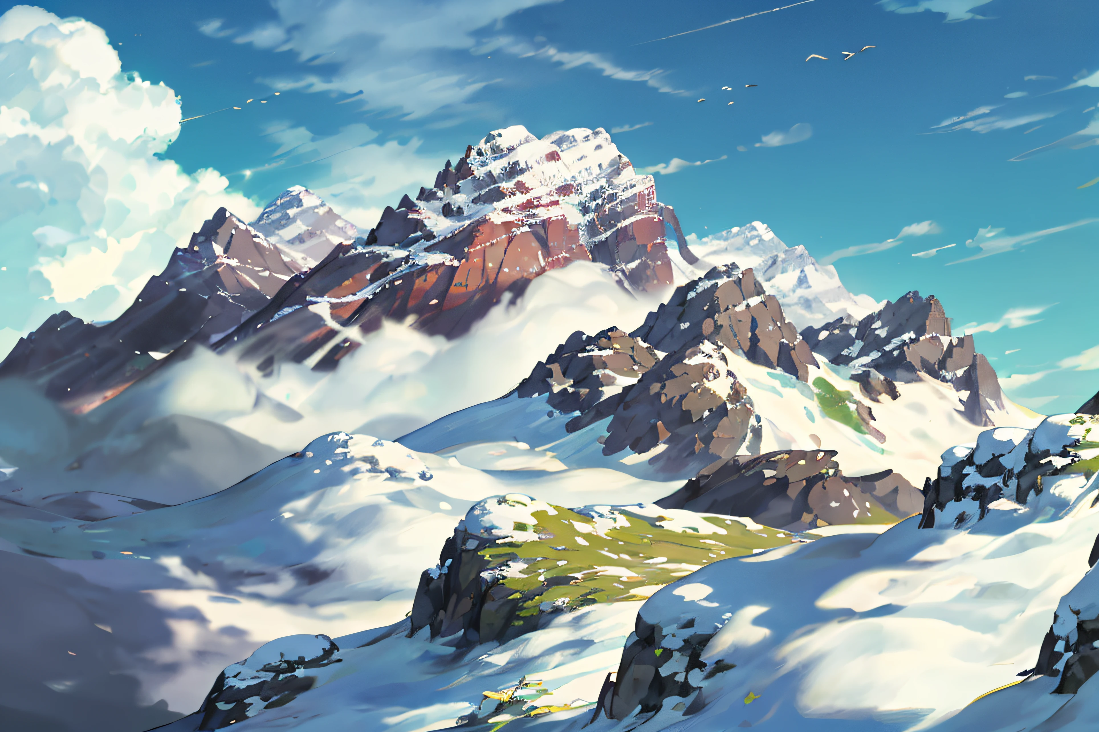 (illustrations : 1.0), photorealistic lighting, HD detail, 夏天, Green Mountains, mountain ranges, 안으로