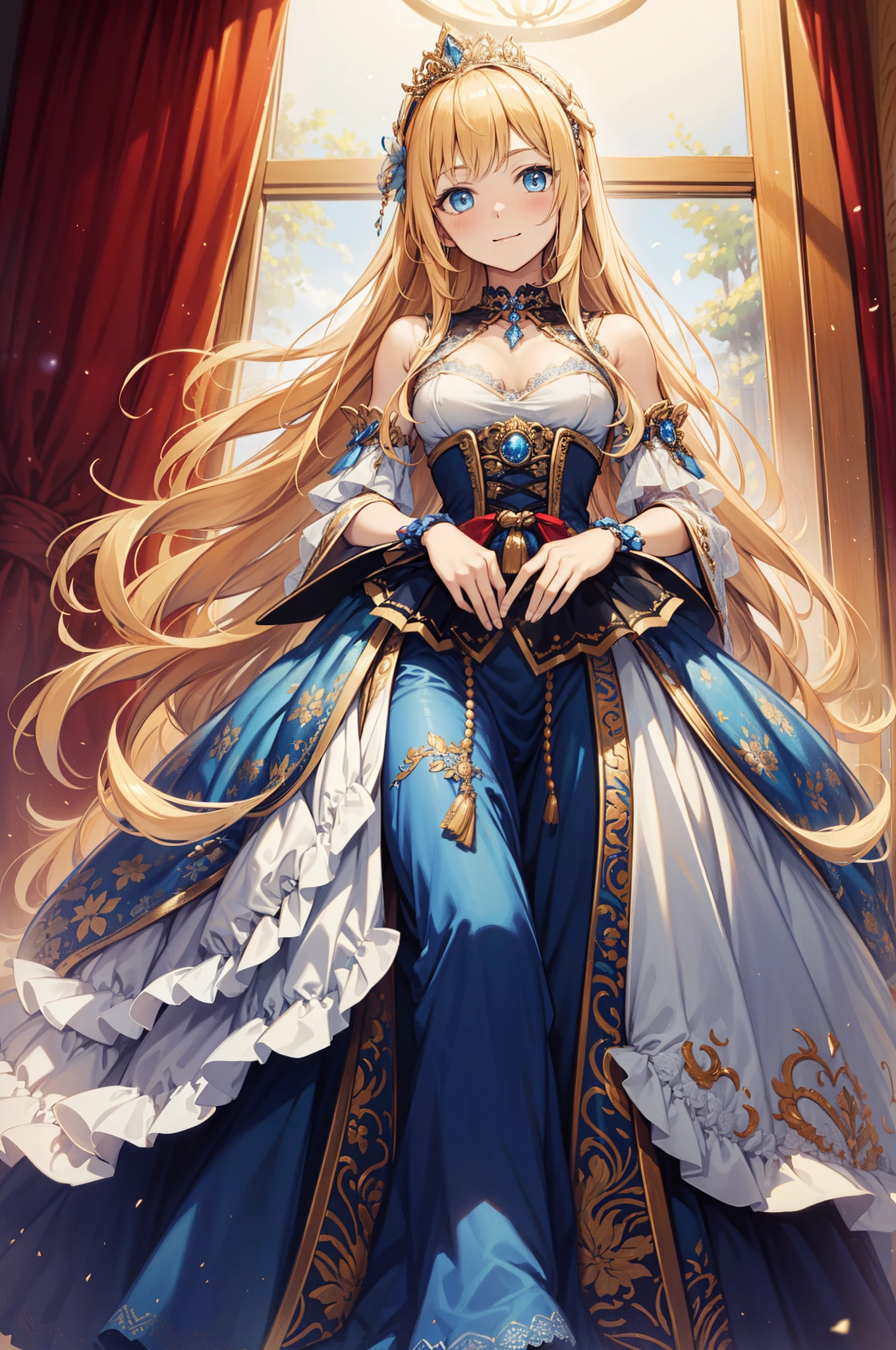 girl,obsessed,sankta,Being in love,tempting pose,(Yellow and white princess dress:1.2),blond hair blue eyes,eBlue eyes,Maximalism,Multiple layers of delicate ruffles,Lots of lace,Beautiful accessories,delicate patterns,(Dress nicely:1.1),Princess Crown,sheer transparent clothes,A small number of dark blue-white patterns,beautiful detailed face,Bedroom scene in Western mythology,电影灯光,natta,the only person,(Flowing skirt:1.1),metal decoration,Lace,(shine:1.2), (Best quality), (tmasterpiece:1.2),Minor repaint