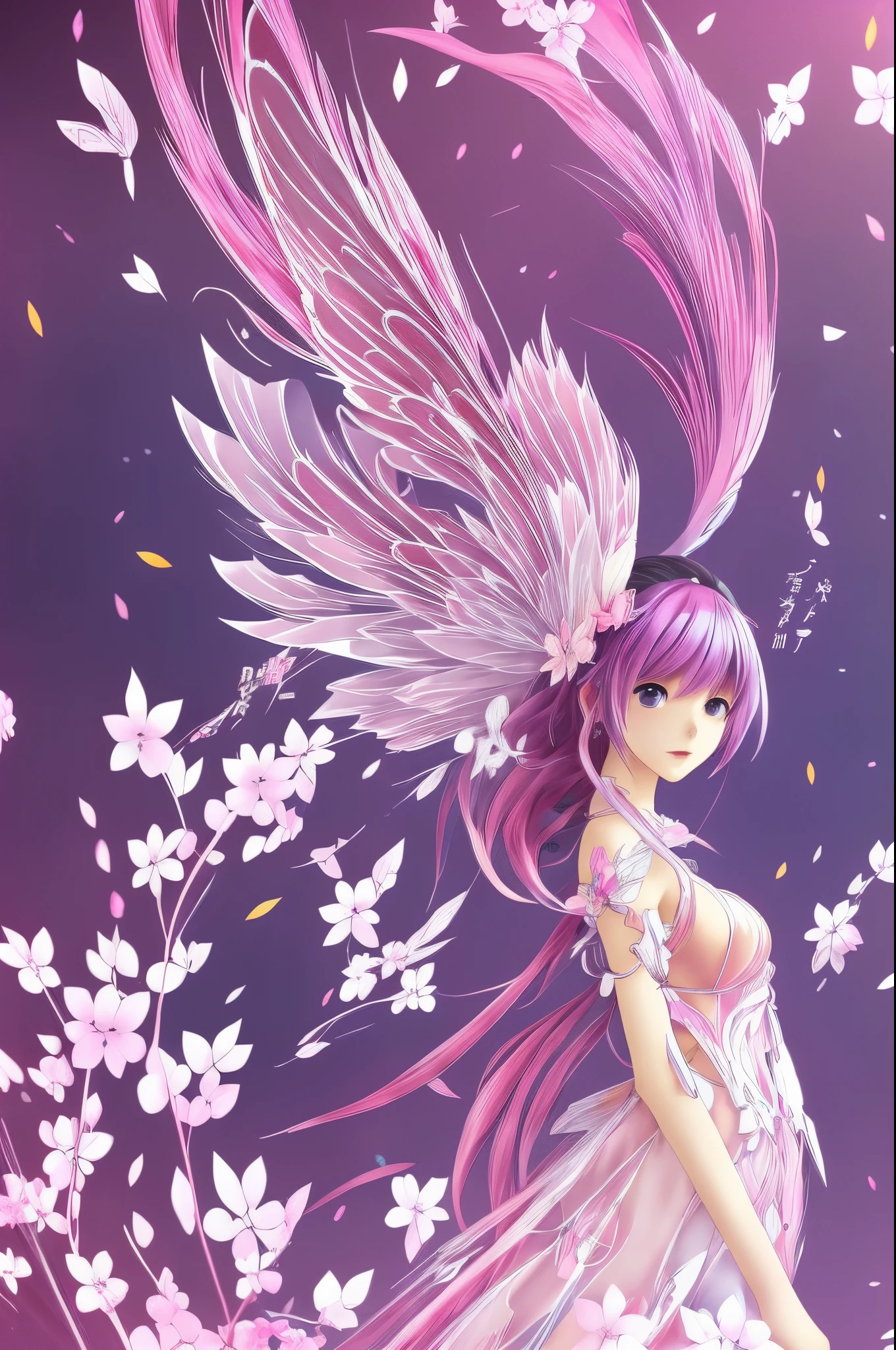 anime girl with pink hair and wings、cgsociety、mechanical short dress,sakura petals around her、perky woman made of petals、Detailed Digital Anime Art、beautiful anime artwork、Anime art wallpaper 8k、8K High Quality Detail Art、anime art wallpaper 4k、anime art wallpaper 4k、beautiful anime art、beautiful digital art work