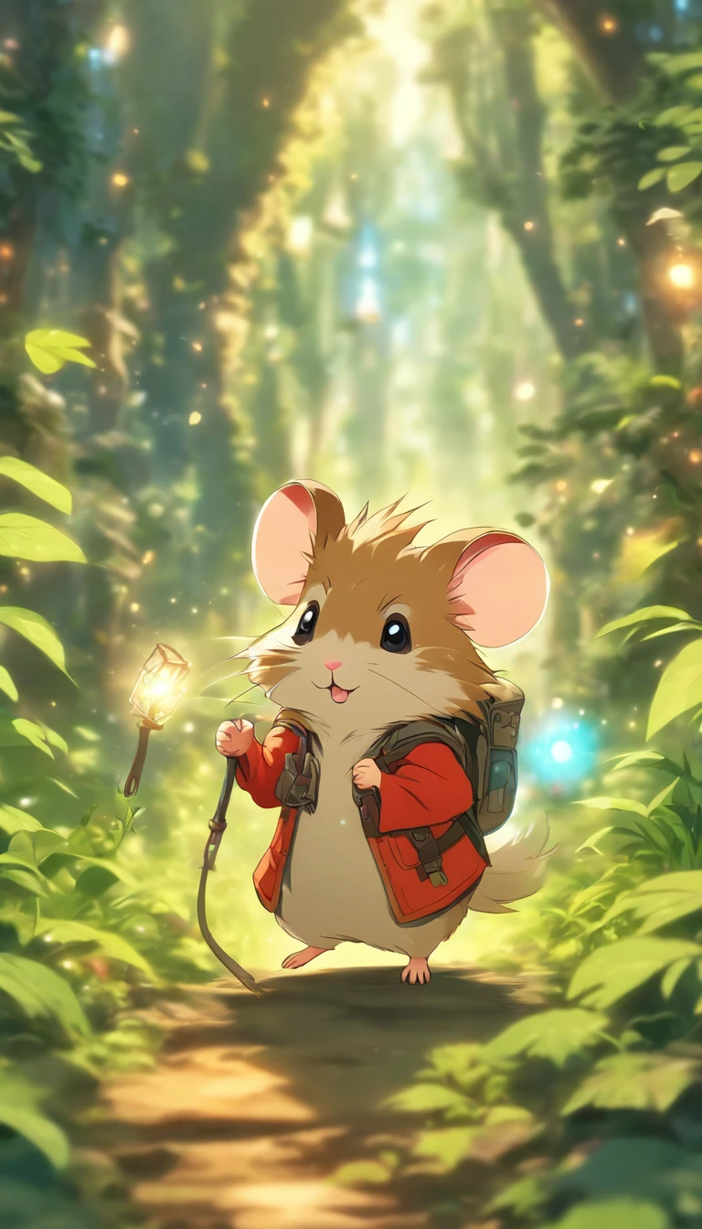 (masterpiece, best quality), anthropomorphic hamster, adventurer gear with elaborate details, rpg style, mystical forest with lush vegetations, misty, mysterious, dynamic lighting