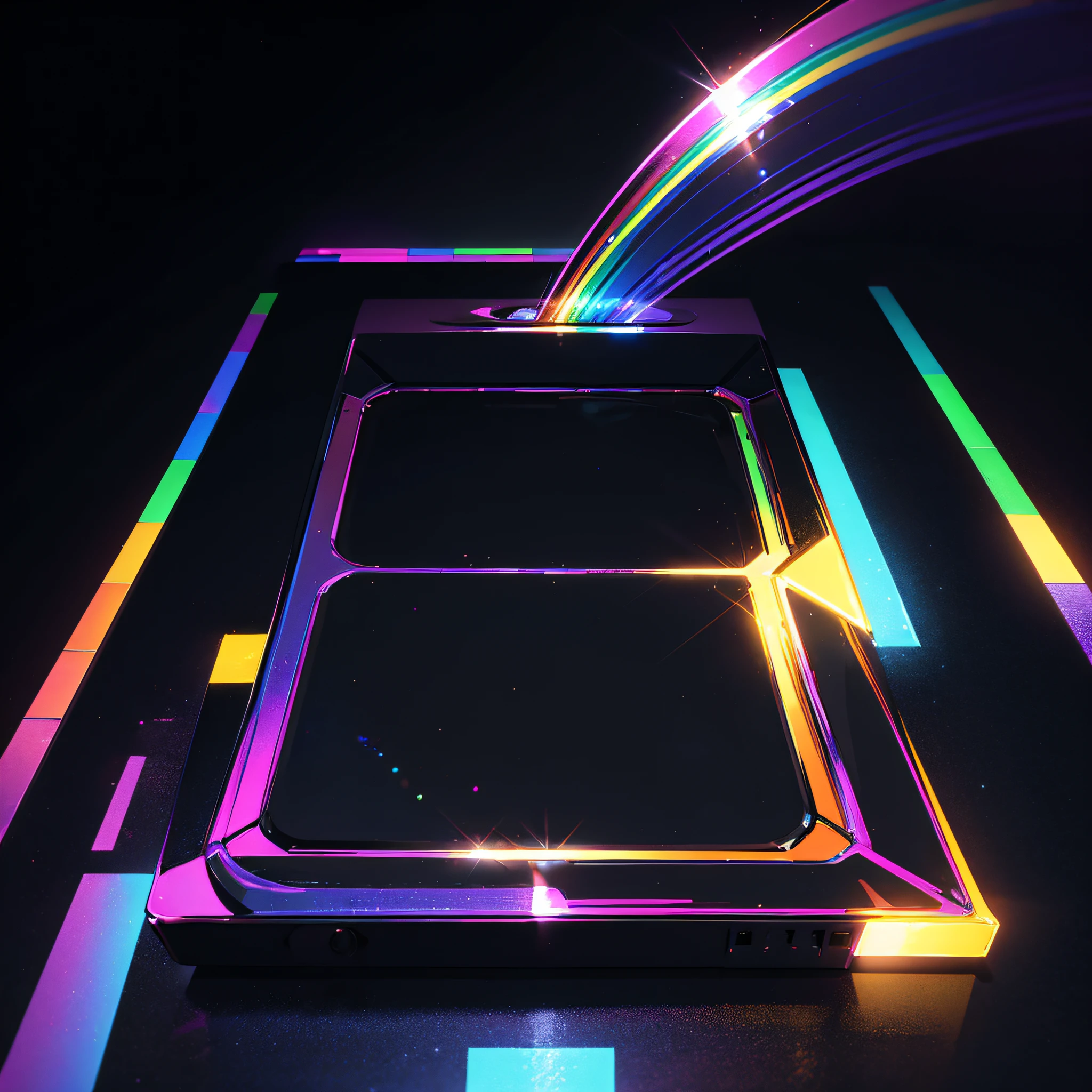 masutepiece, High quality, 8K, Shiny iridescent square metal plate, Horizontal position, rounded corners, Front view, blazing, Black background