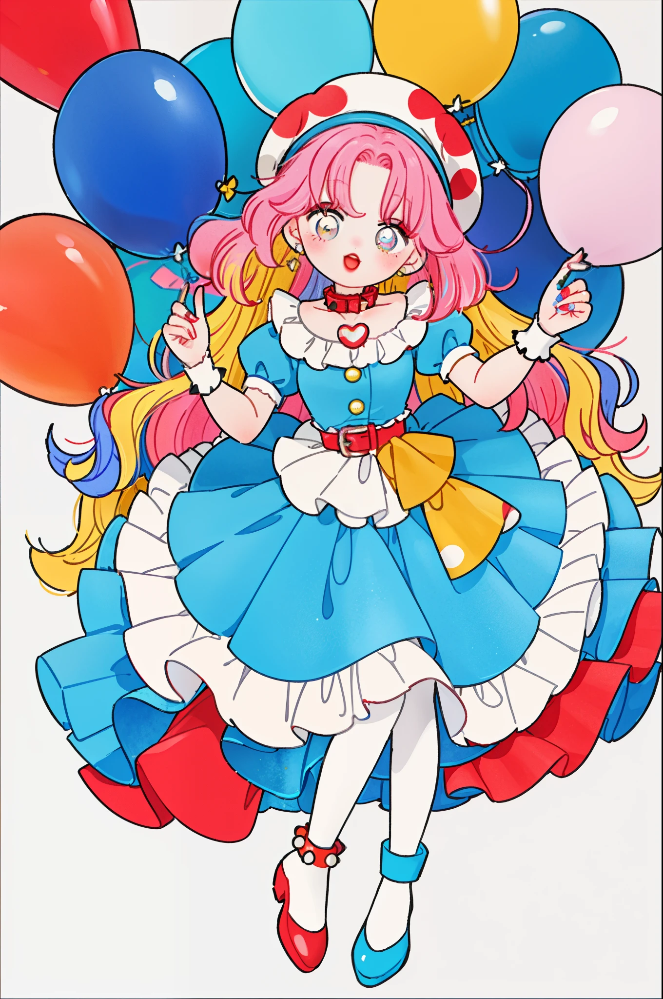 Masterpiece, best quality, high quality, ultra detailed, 1GIRL, cute girl, finely detailed, (best quality), (intricate details), multicolored, clown girl, clown makeup, clown style, ((big afro ringlet blue and pink curly hair)), best quality, ((short clown dress)), ((short puffy sleeves)), ((yellow, blue, and white dress)), ((blue and white thigh high socks)), ((red studded belt)), ((white ruff clown collar)), ((round eyes)), beautiful face, cute face, full body, pinup, perfect face, holding enormous oversized balloon, colorful balloon, simple background