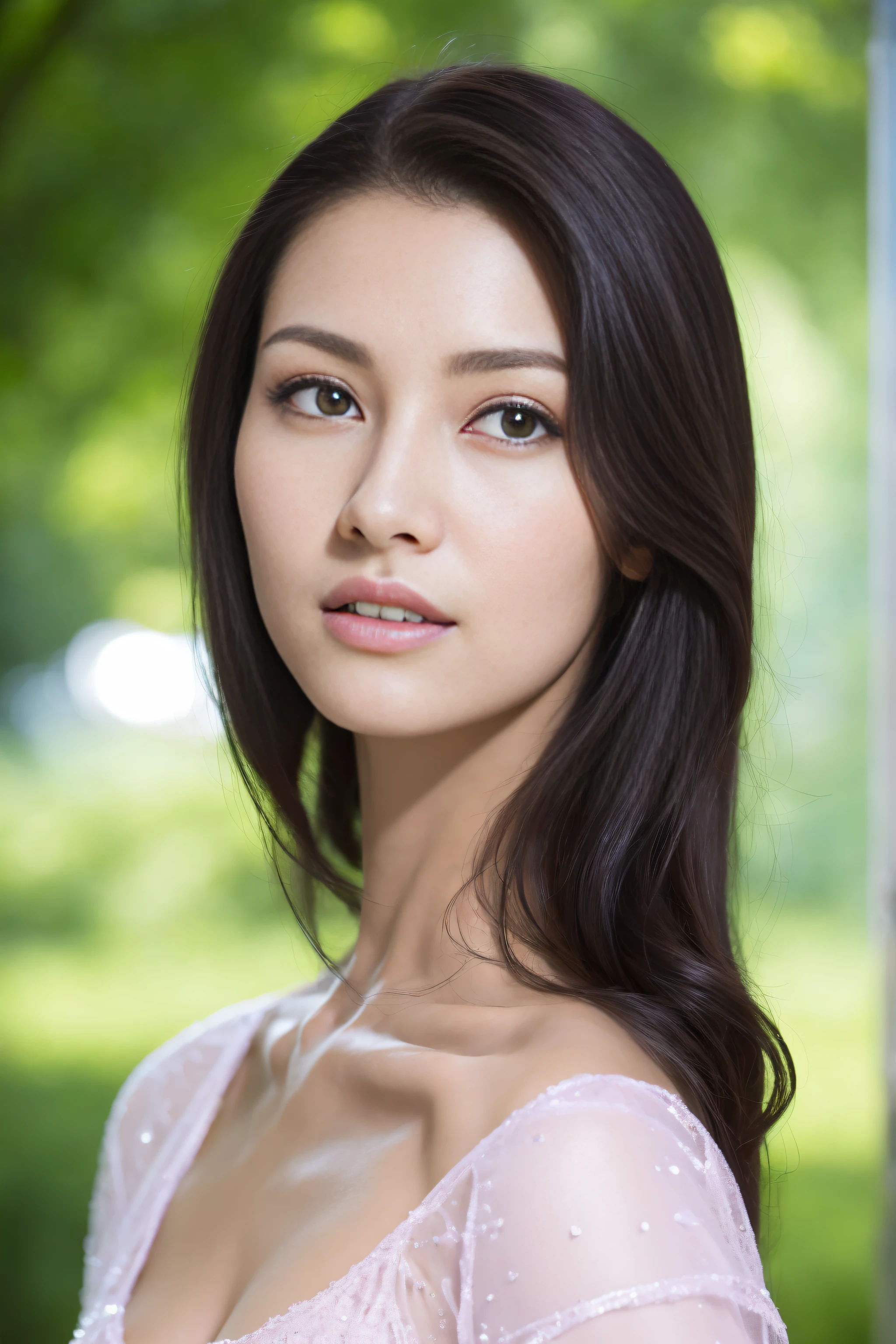 a fashion model，25 age old，[[[[Close-up cleavage]]]], [[[[climaxing]]]], [[[[Cole]]]], [[[[bshoulder]]]],perfect  eyes, Perfect iris，perfect lips，perfect teeth，Perfect Skin，with fair skin，HighDynamicRange，Movie Girl，(delicated face)，(Highly defined faces)，((closeup of face))，White casual wear，The background is green trees，fresh flowers，4K Ultra HD, 超高分辨率, (realistically: 1.4), Best quality，tmasterpiece，（pastel colour：1.2）
