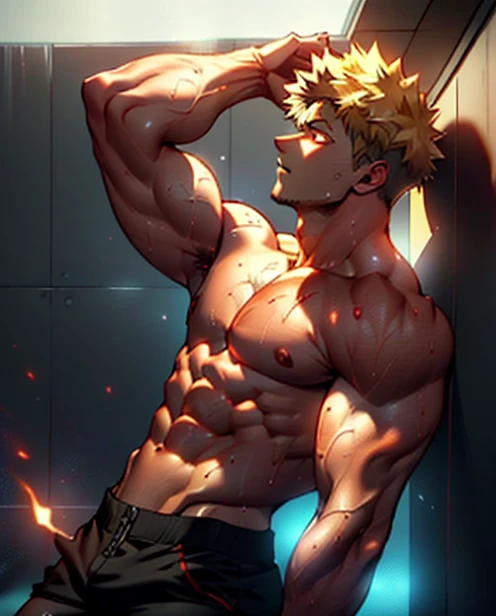 hands behind head, masterpiece, best quality red eyes, game cg, 1boy naked and V-Line sweating, solo, male focus, (looking at viewer), upper body sweating, bakugo katsuki, yellow hair, red eyes, shirtless naked, toned muscle sweating, pectorals, 8 abs, toned legs, naked legs, slightly bulged, detailed, dynamic lighting, well lit, naked body, explosionmagic in the air, glowing aura in the background