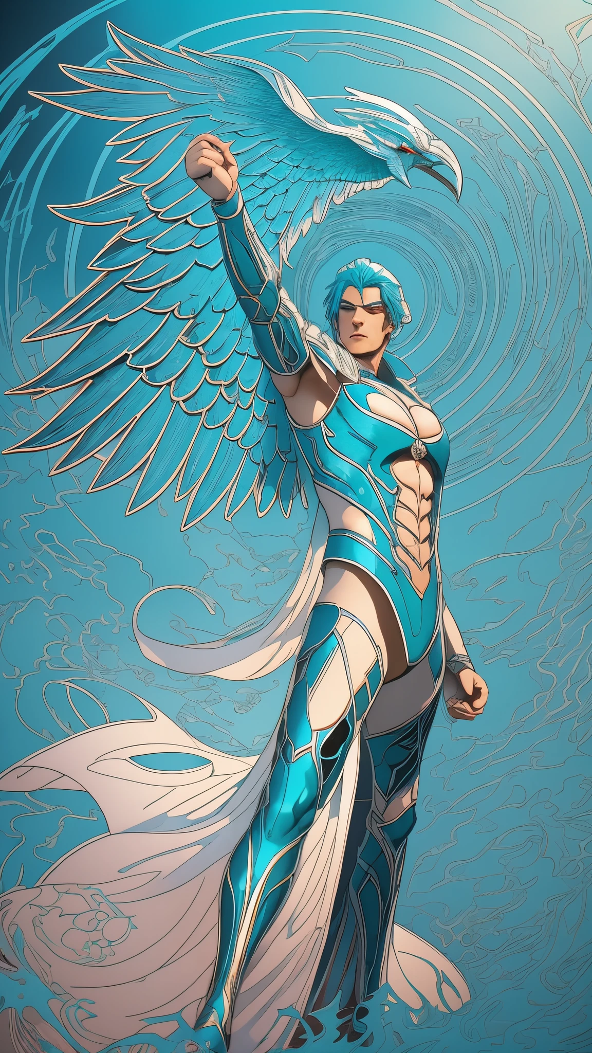 An image of one Masculine White Guardian Angel, white eyes, looking straight at camera, midshot, full body, cel-shading style, centered image, ultra detailed illustration of comics posing, broodish, (tetradic colors), inkpunk, ink lines, strong outlines, blue green water background, art by MSchiffer, bold traces, unframed, high contrast, cel-shaded, vector, 32k resolution, best quality Michael Cheval style illustration, very beautiful,l turquoise blue lace