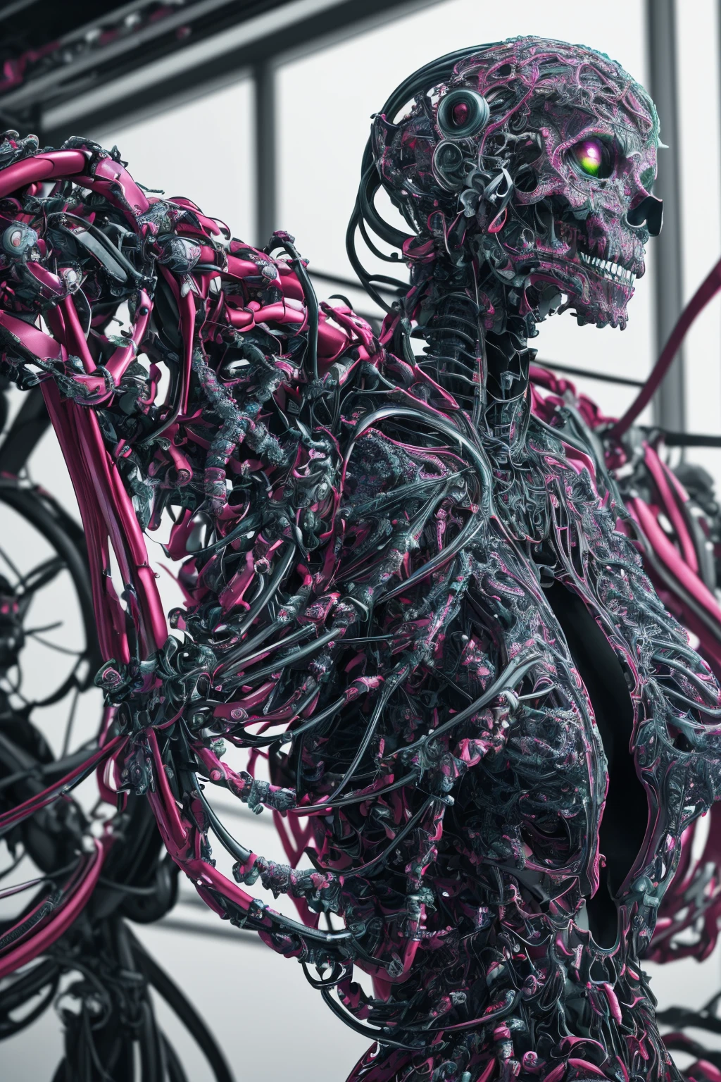 complex 3d render ultra detailed beautiful death angel, biomechanical cyborg, analog 150 mm lens, beautiful natural soft rim light, neon vein, roots, fine foliage lace, colorful details, Boris Bidjan Saberi outfit, pearl earrings, piercing, art nouveau fashion embroidered, intricate details, mesh wire, mandelbrot fractal, facial muscles, cable wires, microchip, badass, hyper realistic, ultra detailed, octane render, volumetric lighting, 8k post-production, red and white with a bit of black, detailled metalic bones, semi human, iridescent colors, Glenn Brown style, futuristic room, power of the god, high-angle shot, complex body poses