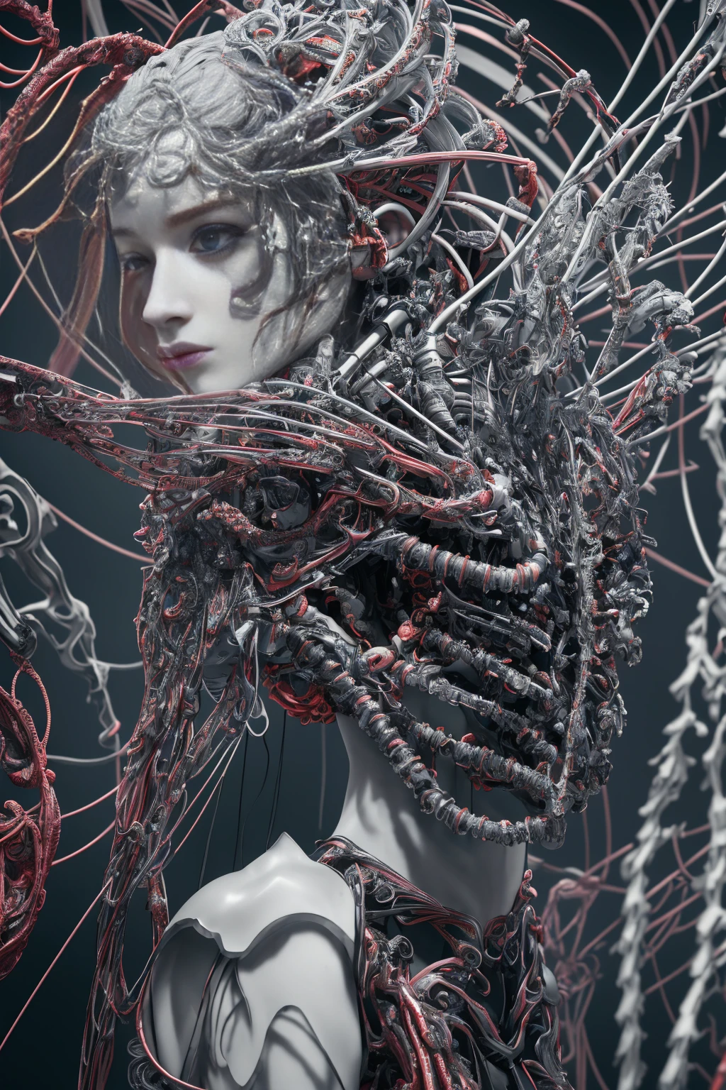 complex 3d render ultra detailed beautiful death angel, biomechanical cyborg, analog 150 mm lens, beautiful natural soft rim light, neon vein, roots, fine foliage lace, colorful details, Boris Bidjan Saberi outfit, pearl earrings, piercing, art nouveau fashion embroidered, intricate details, mesh wire, mandelbrot fractal, facial muscles, cable wires, microchip, badass, hyper realistic, ultra detailed, octane render,  volumetric lighting, 8k post-production, red and white with a bit of black, detailled metalic bones, semi human, iridescent colors, Glenn Brown style, futuristic room, power of the god, high-angle shot, complex body poses