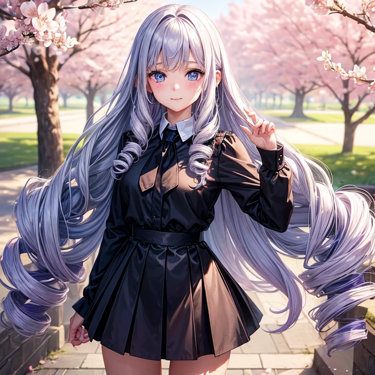 A portrait of a young girl with long violet wavy hair and drill curls, side-swept bangs, blue eyes, ligh tanned skin, soft smile, wearing white long sleeved blouse with black necktie, blue checkered skirt, at a cherry blossom park