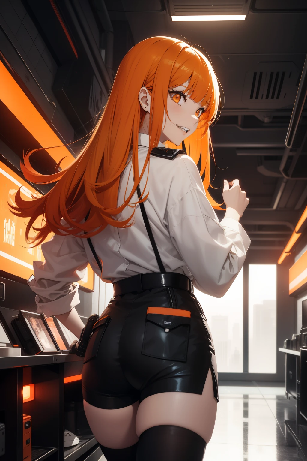 from behind, grin, dynamic pose, orange hair, orange eyes, asymmetrical hair, bangs, blunt bangs, curtained hair, side swept bangs, sidelocks, open mouth, anatomically correct, (white collared shirt:1), black high waist shorts, medium breasts, long hair, thighhighs, cyberpunk, futuristic, spacecraft interior, chest belt, belt pouch,