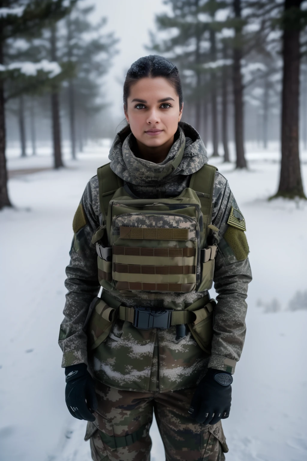 A beautiful brunette soldier girl, wearing winter camo military gear, camo plate carrier rig, combat gloves, AR-15, during a snow storm,, beautiful, moody lighting, best quality, full body portrait, real picture, intricate details, depth of field, in a cold snowstorm, , Fujifilm XT3, outdoors, bright day, Beautiful lighting, RAW photo, 8k uhd, film grain, dark hues, moody