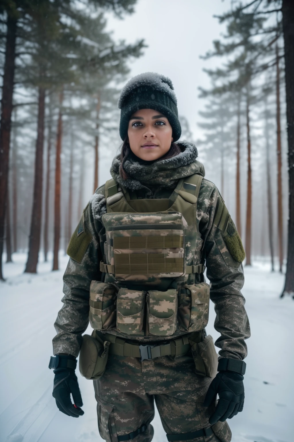 A beautiful brunette soldier girl, wearing winter camo military gear, camo plate carrier rig, combat gloves, AR-15, during a snow storm,, beautiful, moody lighting, best quality, full body portrait, real picture, intricate details, depth of field, in a cold snowstorm, , Fujifilm XT3, outdoors, bright day, Beautiful lighting, RAW photo, 8k uhd, film grain, dark hues, moody