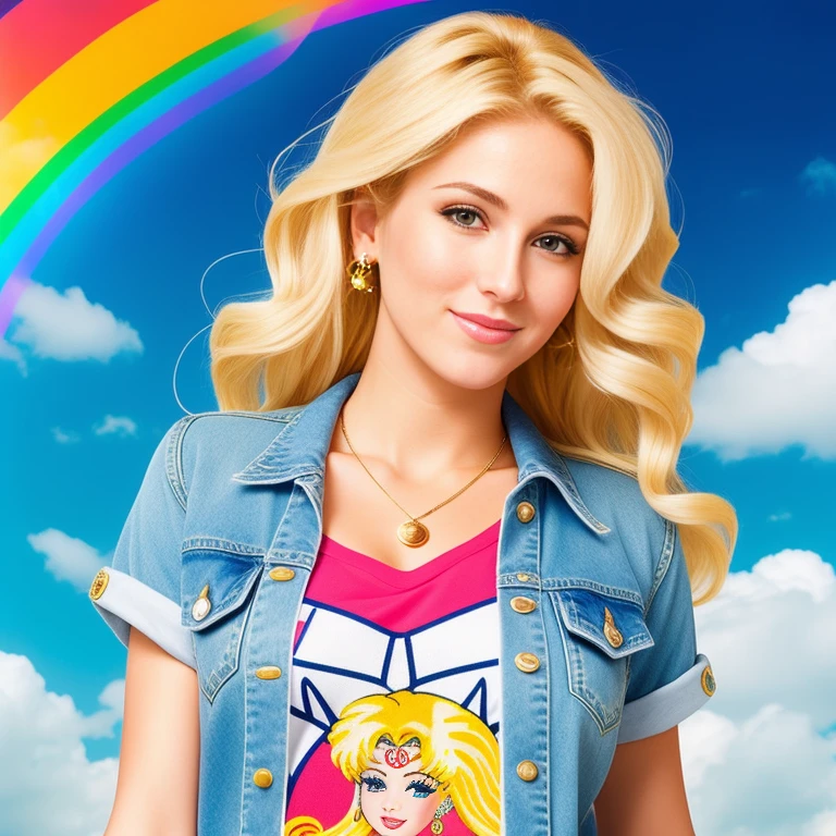 "(Mature and realistic portrayal:1.2) Sailor Moon (flaxen blonde hair) exuding confidence as she holds a microphone, her blonde hair cascading down, adorned in stylish rainbow denim clothes from the 2000s, with a backdrop filled with donuts."