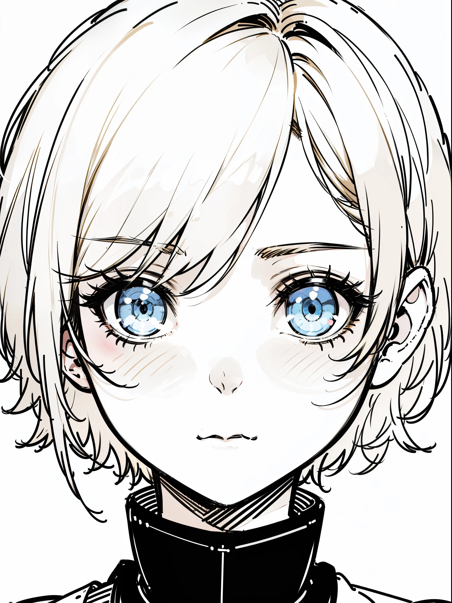 {8k image}, 1woman (solo), 30 years old, short blonde hair, facing the camera, {face portrait}, close on face, ((band on eyes)), no background, manga lineart, lineart, manga colors