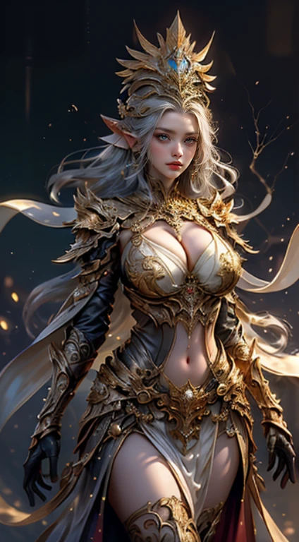 Elf woman in a golden sheer dress,view the viewer,(((Huge cleavage, The cracks are relatively large))),a slender waist,(belly button only,Bare waist), Long gray hair, Ultra-detailed details,High-end art station, Rainstorm site, detailed fantasy art, Stunning character art, Beautiful and beautiful character art, Beautiful gold and silver armor, The content is very detailed, Elf girl in shining armor, Exquisite headwear and jewelry,crystal jewelry filigree, milky ways, stunning  visuals, (dynamic streaks, Light track:1.2), Vibrant colors.